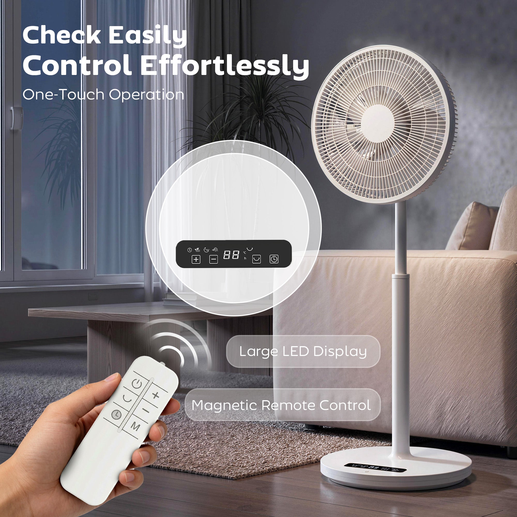 Ventilateur sur pied, ventilateur 39 cm avec 12 vitesses, 4 modes, minuterie 9H, oscillant 120°, hauteur réglable et télécommande magnétique, pour chambre, salon, bureau, blanc
