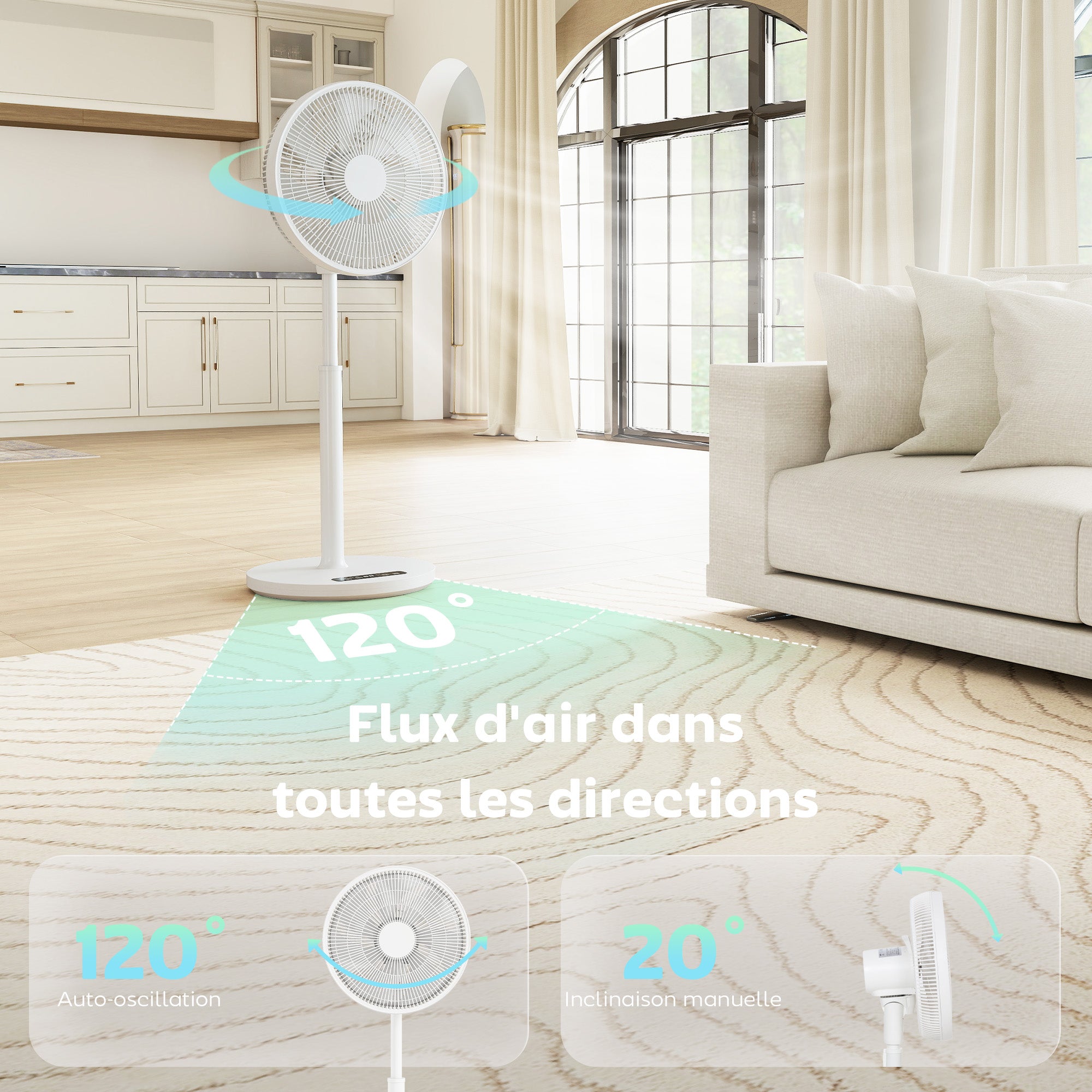 Ventilateur sur pied, ventilateur 39 cm avec 12 vitesses, 4 modes, minuterie 9H, oscillant 120°, hauteur réglable et télécommande magnétique, pour chambre, salon, bureau, blanc