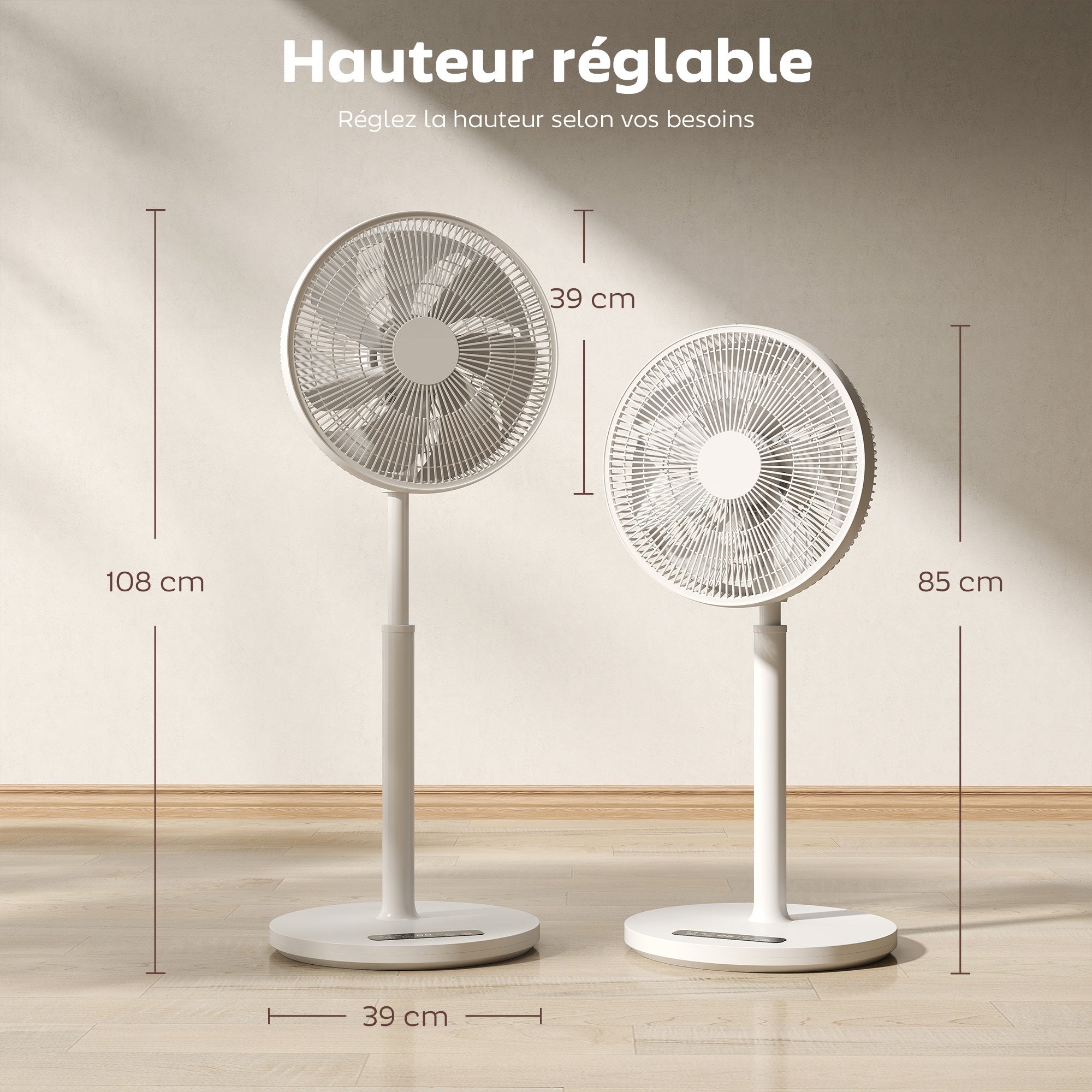Ventilateur sur pied, ventilateur 39 cm avec 12 vitesses, 4 modes, minuterie 9H, oscillant 120°, hauteur réglable et télécommande magnétique, pour chambre, salon, bureau, blanc