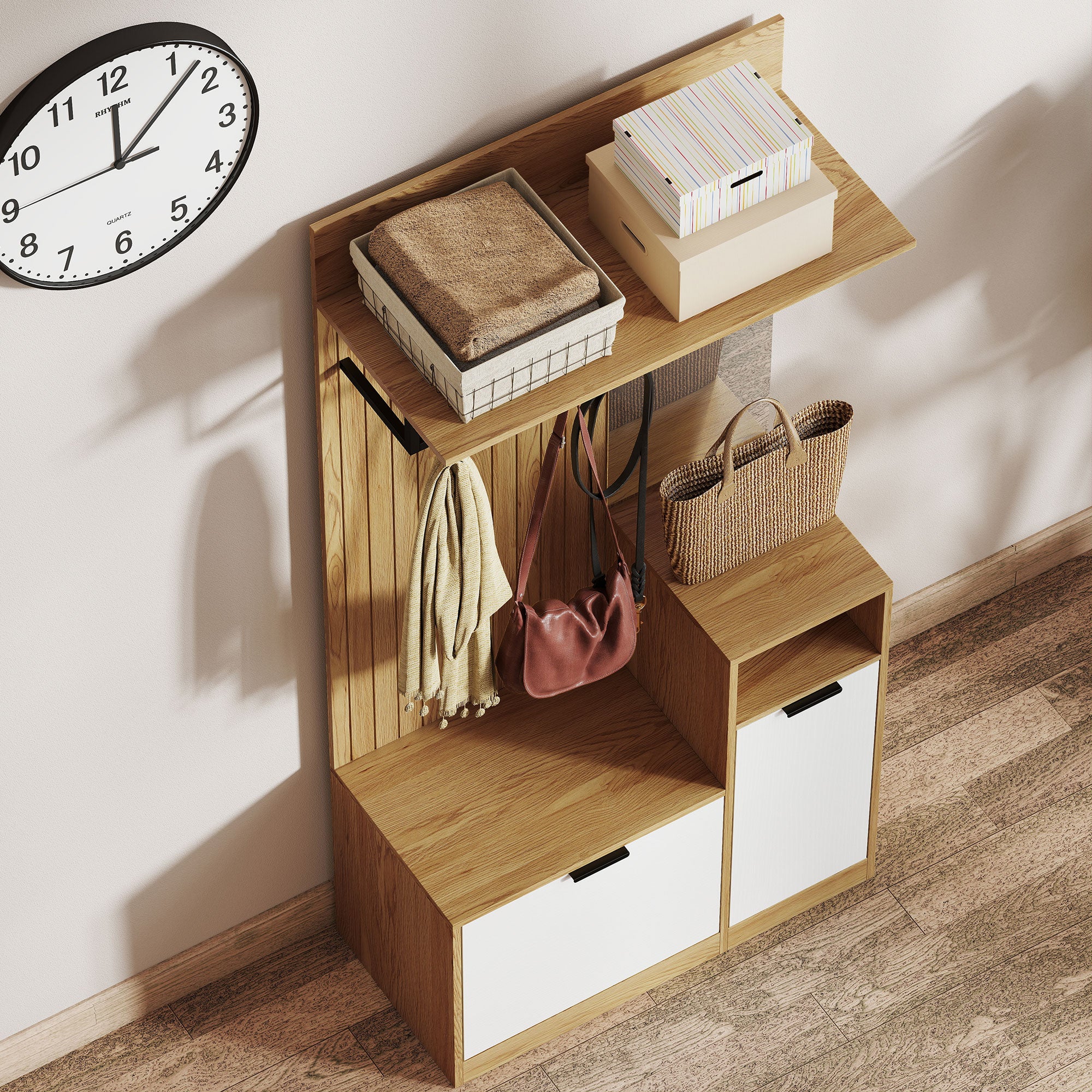 Meuble d'entrée 6 en 1, vestiaire d'entrée avec banc à chaussures rabattable, miroir, étagères, placard et patère, style moderne, porte-manteau pour couloir, chambre, salon, 80x37x168cm, chêne