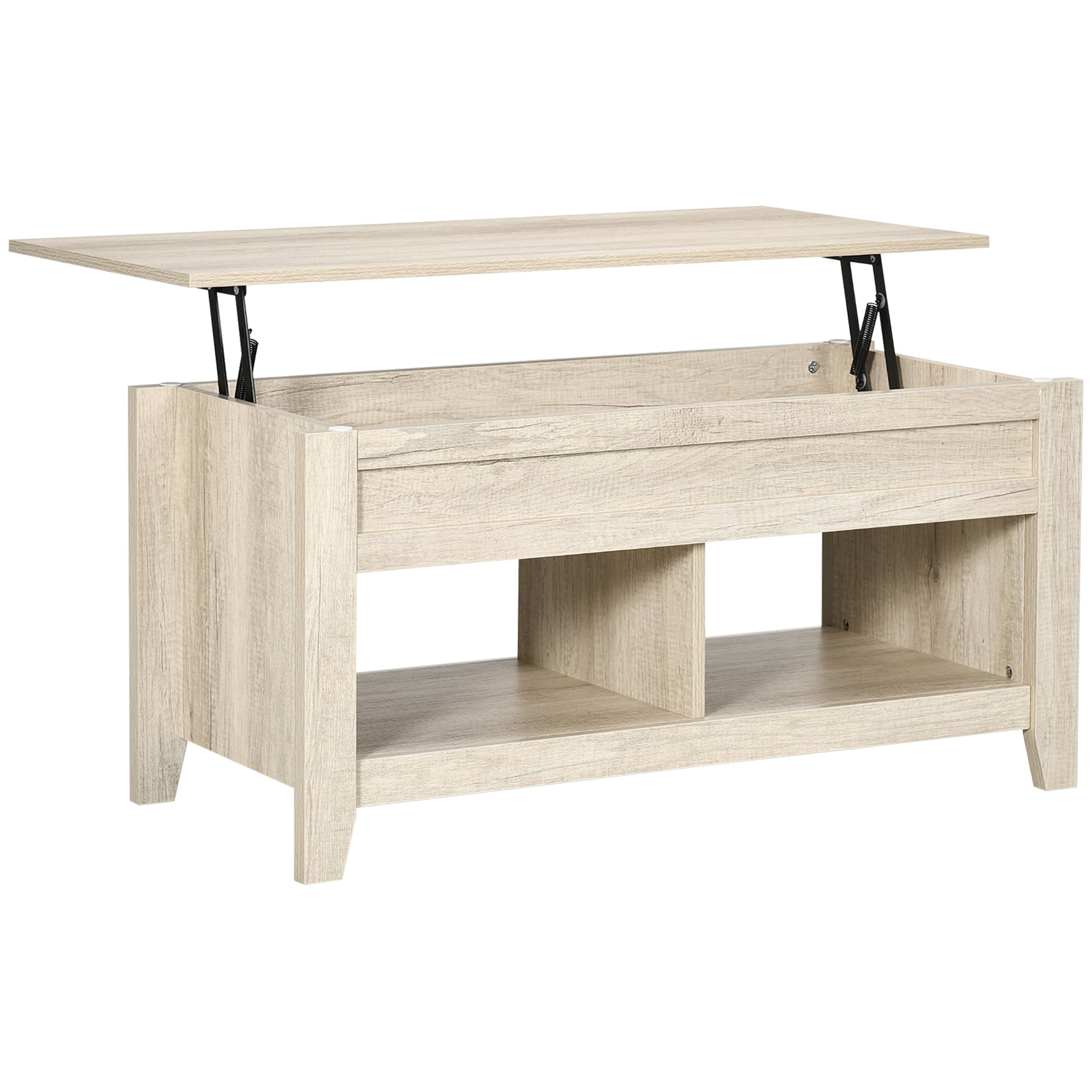 Table basse plateau relevable, table de salon avec étagères et compartiment caché,105 x 50 x 49-62,5 cm pour salon, chambre, aspect chêne clair