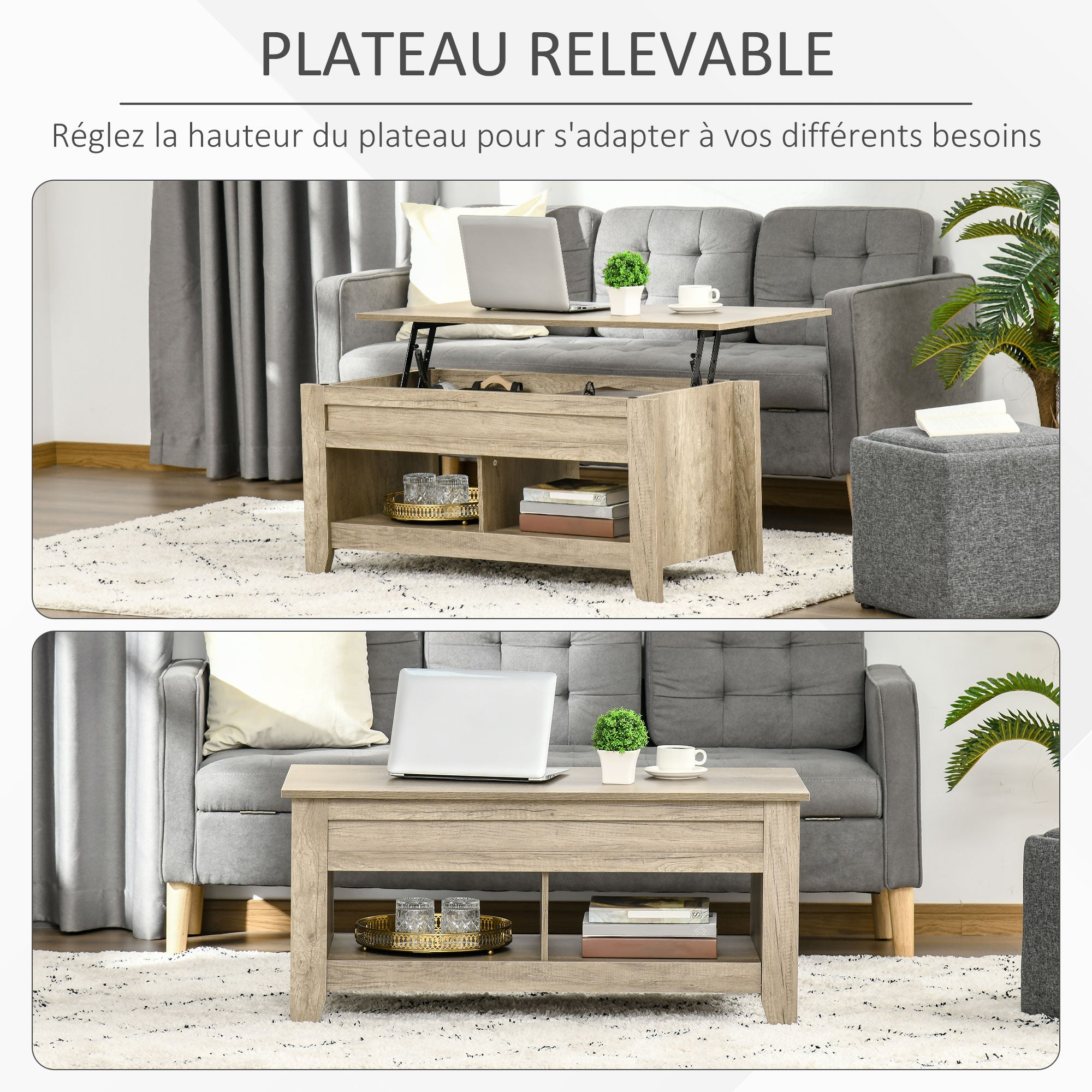 Table basse plateau relevable, table de salon avec étagères et compartiment caché,105 x 50 x 49-62,5 cm pour salon, chambre, aspect chêne clair