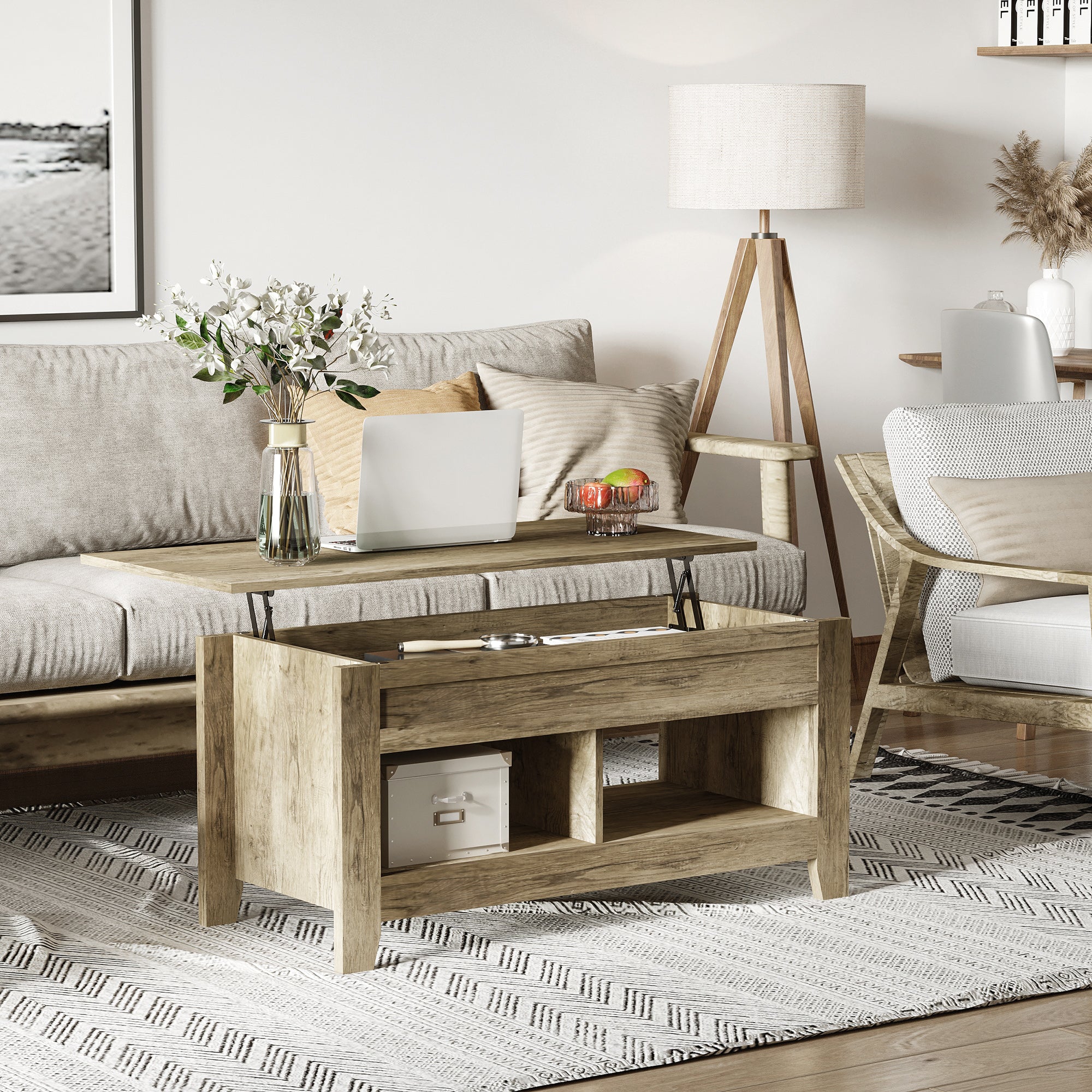 Table basse plateau relevable, table de salon avec étagères et compartiment caché,105 x 50 x 49-62,5 cm pour salon, chambre, aspect chêne clair