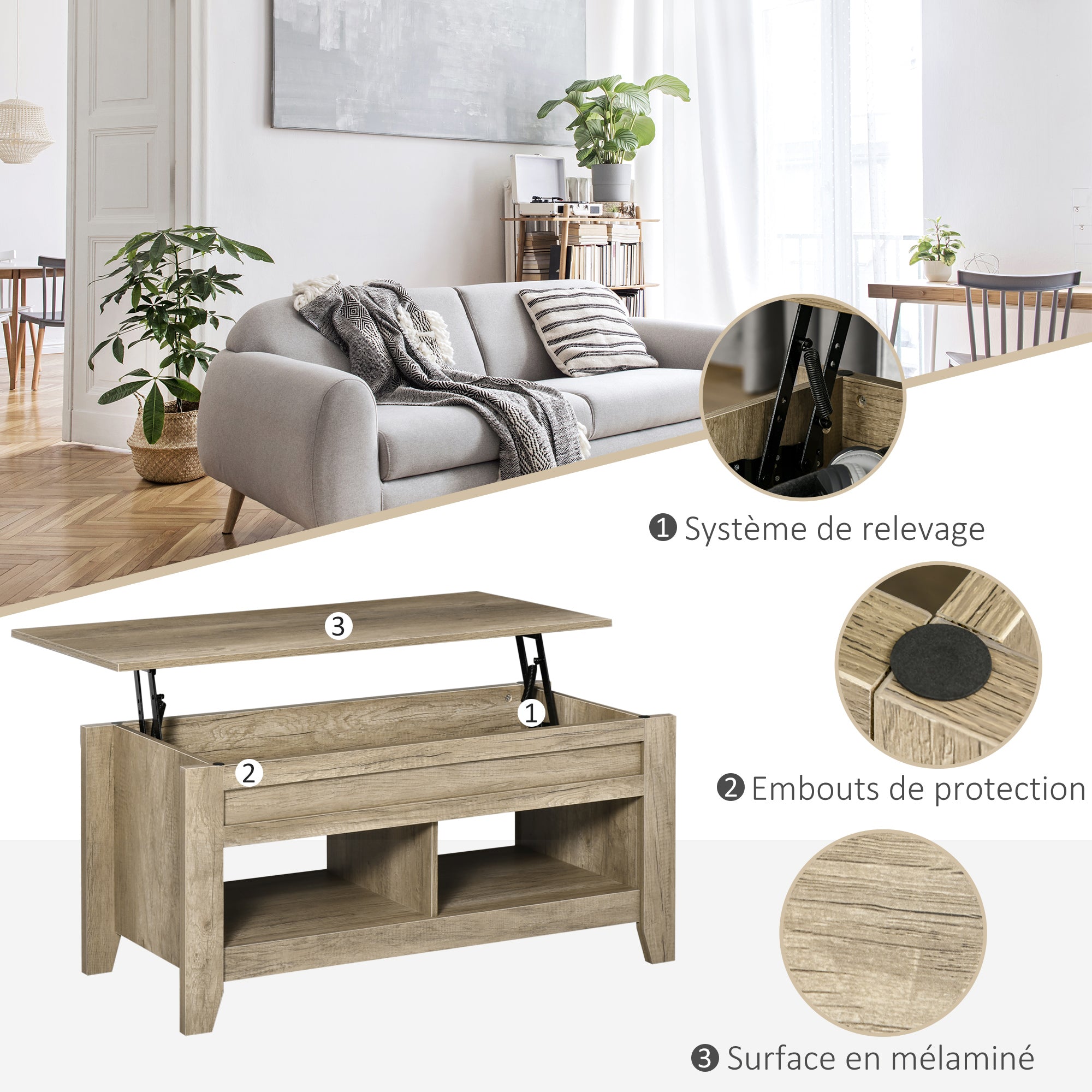 Table basse plateau relevable, table de salon avec étagères et compartiment caché,105 x 50 x 49-62,5 cm pour salon, chambre, aspect chêne clair