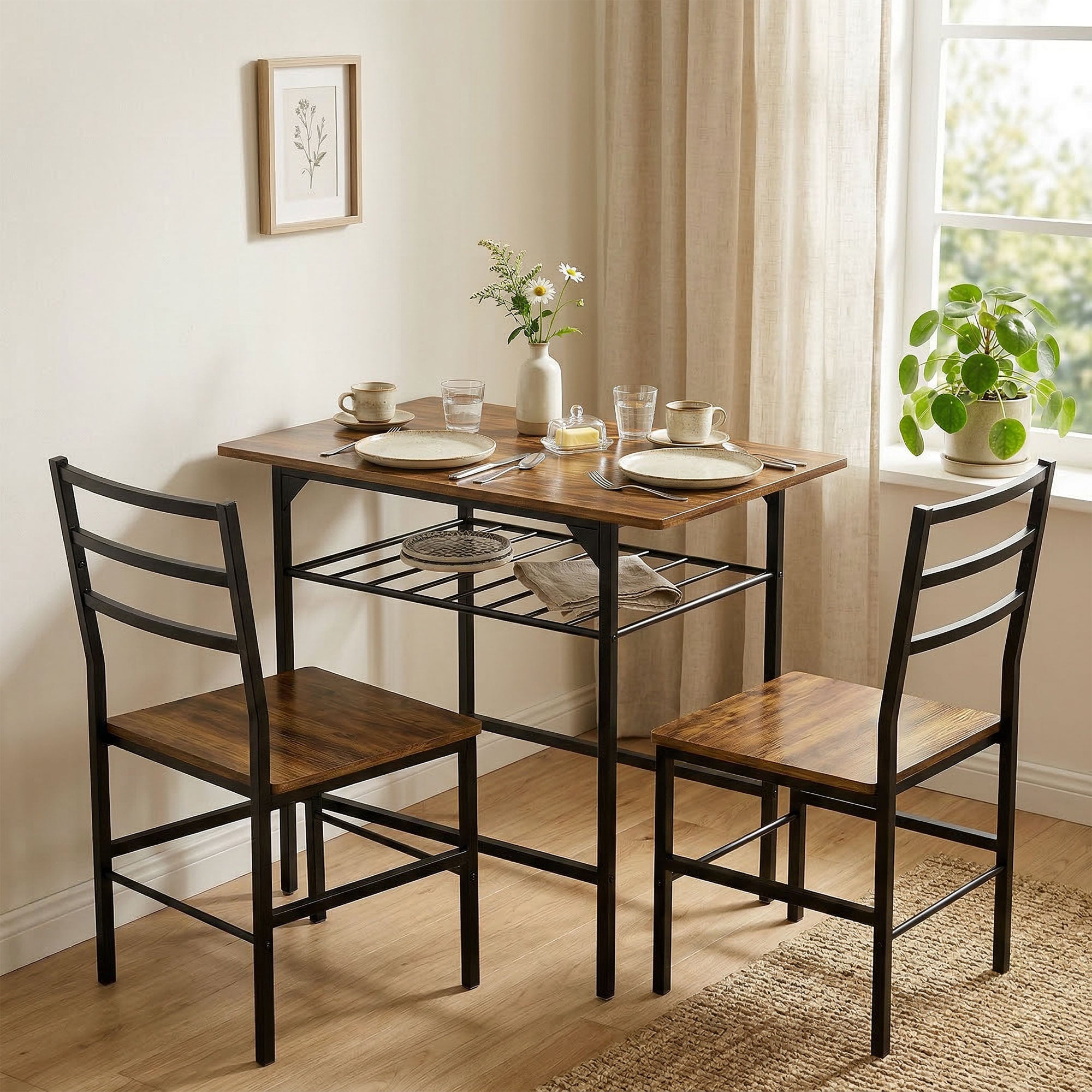 Ensemble table salle à manger avec 2 chaises, table de cuisine avec chaises pour 2 personnes, étagère de rangement, cadre en métal, style industriel, pour petit espace, brun rustique