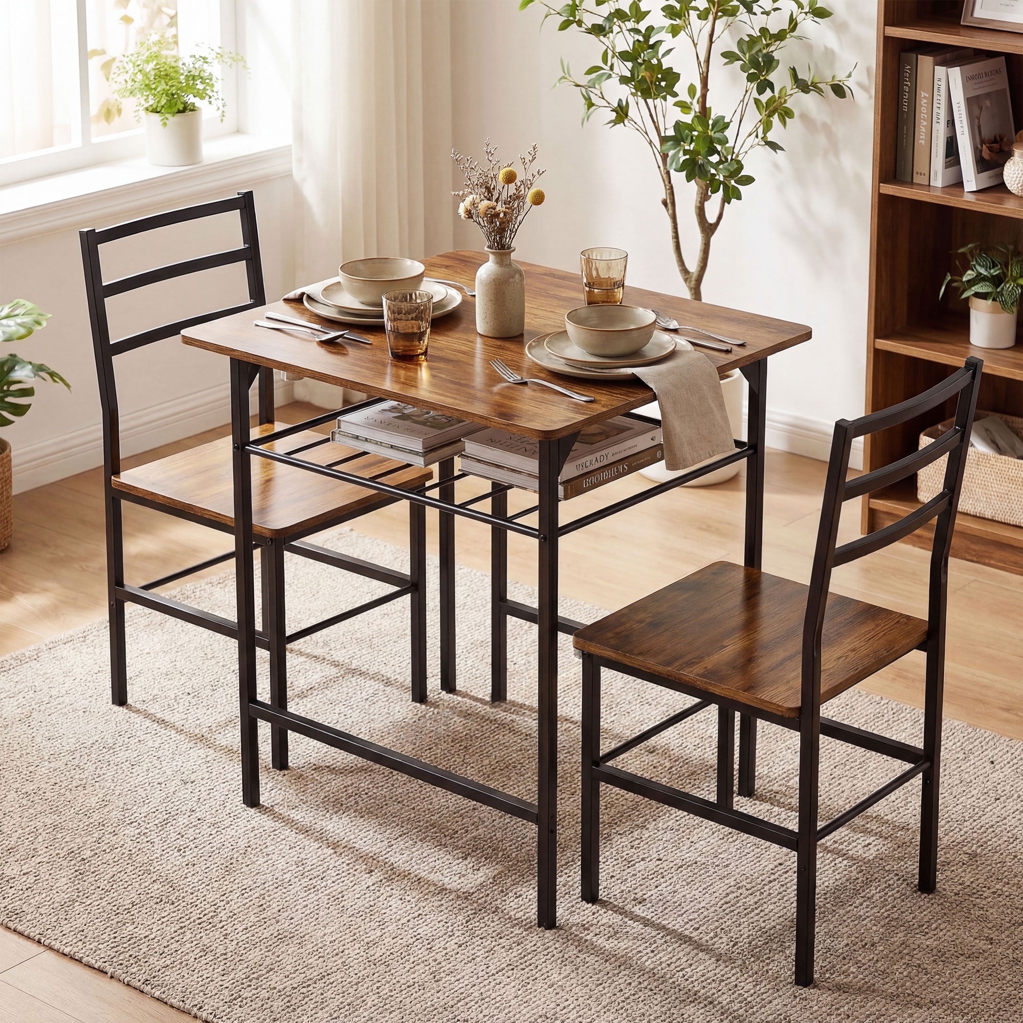 Ensemble table salle à manger avec 2 chaises, table de cuisine avec chaises pour 2 personnes, étagère de rangement, cadre en métal, style industriel, pour petit espace, brun rustique