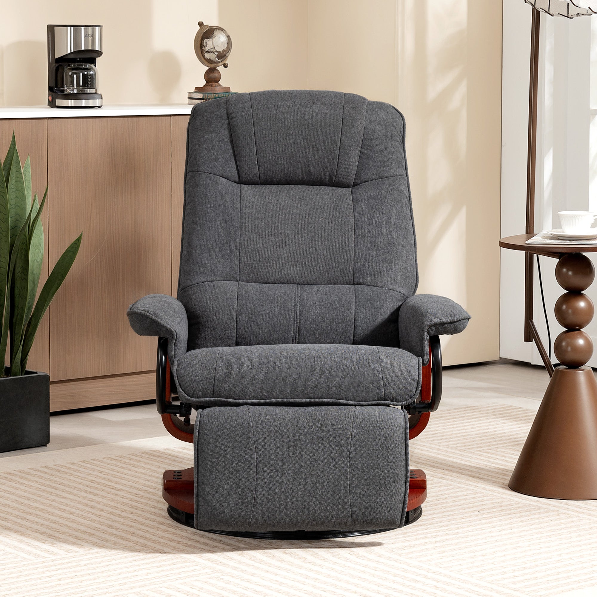 Fauteuil relax inclinable fauteuil de salon repose-pieds réglable pivotant 360° piètement bois tissu aspect lin gris