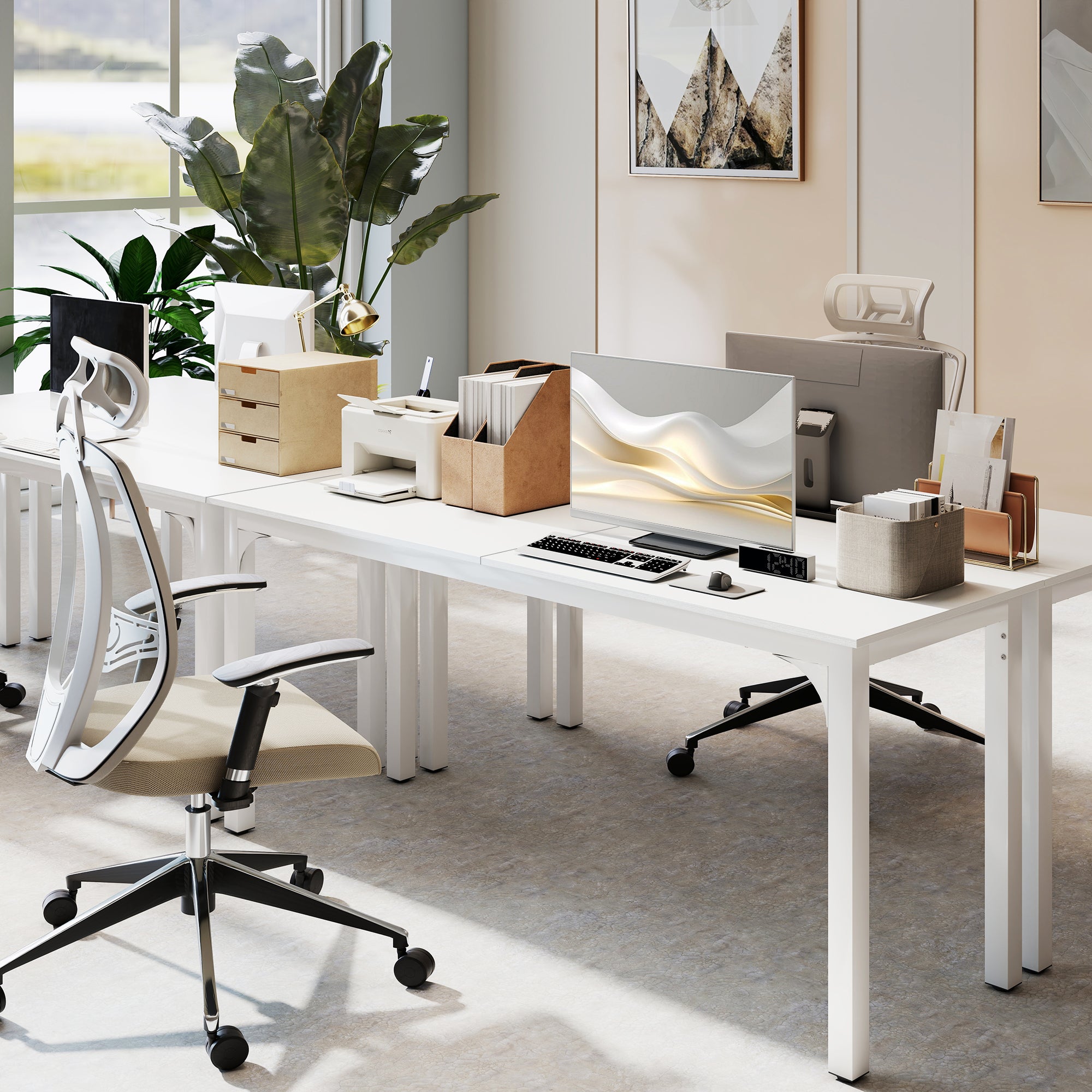 Bureau, bureau d'ordinateur 180 cm avec large plateau pour 2 personnes, cadre en acier, table d'ordinateur pour travail à domicile ou étude, blanc