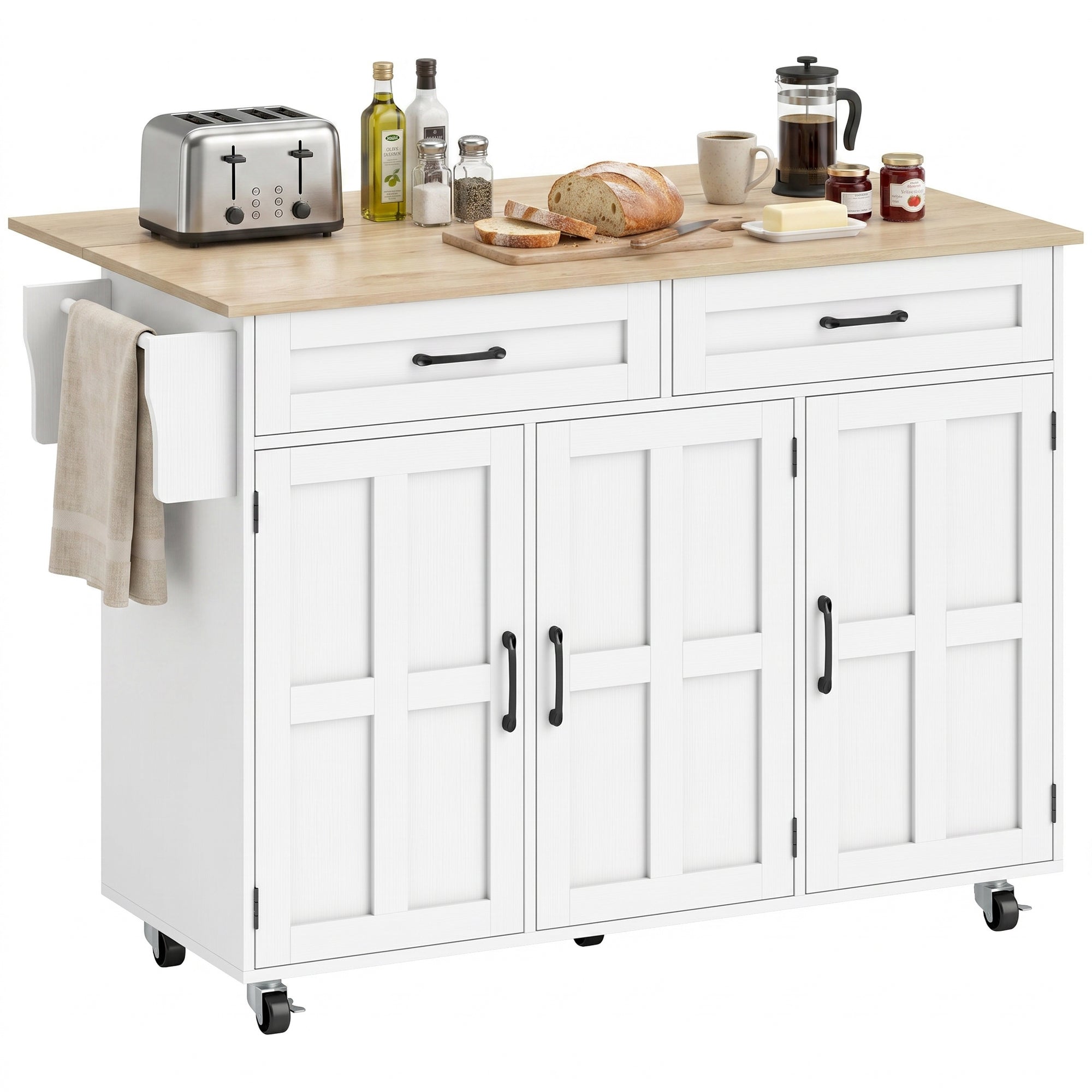 Îlot Central Cuisine avec Plateau Rabattable, Desserte de Cuisine sur Roulettes avec 2 Tiroirs, 3 Portes, Porte-Racks, Porte-Serviettes et Étagère Réglable, 129 x 72 x 90,5 cm, Blanc