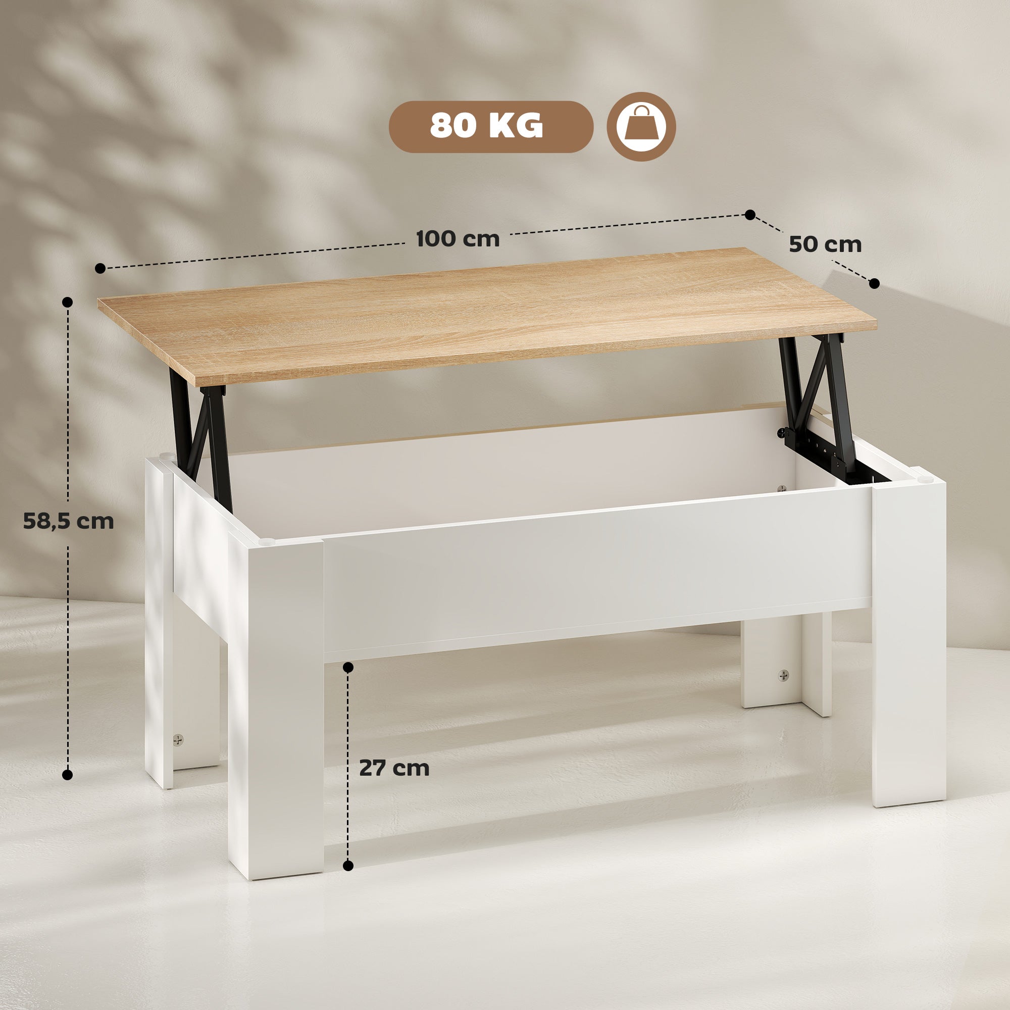 Table basse relevable, table de salon avec compartiment caché, style moderne, pour salon, bureau, 100 x 50 x 45 cm, blanc