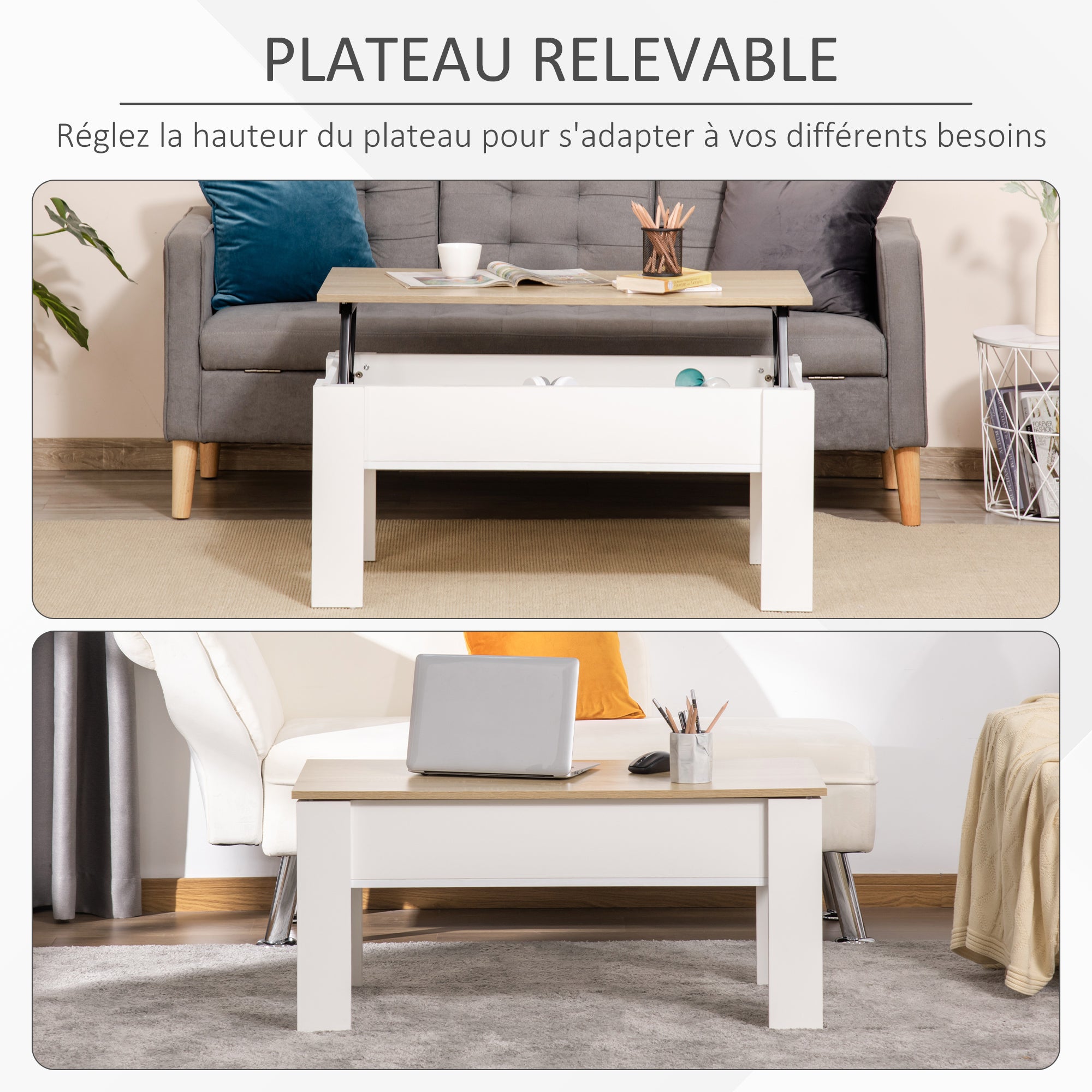Table basse relevable, table de salon avec compartiment caché, style moderne, pour salon, bureau, 100 x 50 x 45 cm, blanc