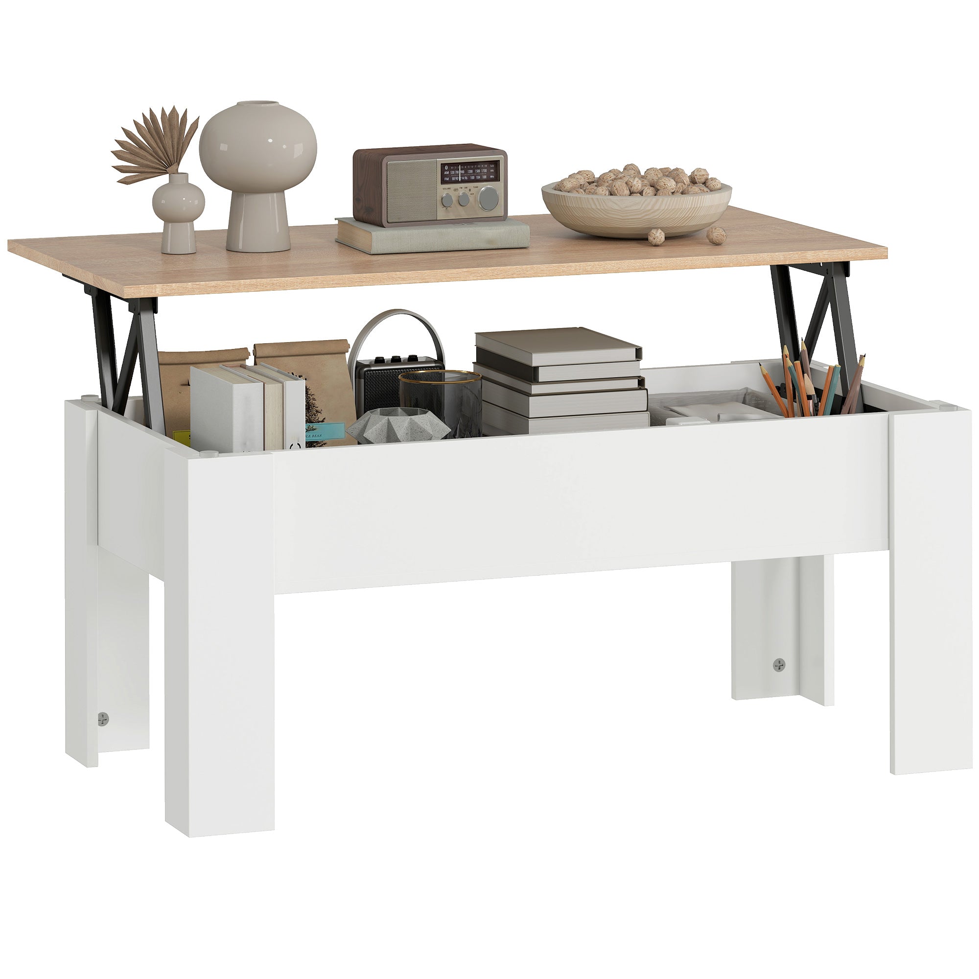 Table basse relevable, table de salon avec compartiment caché, style moderne, pour salon, bureau, 100 x 50 x 45 cm, blanc