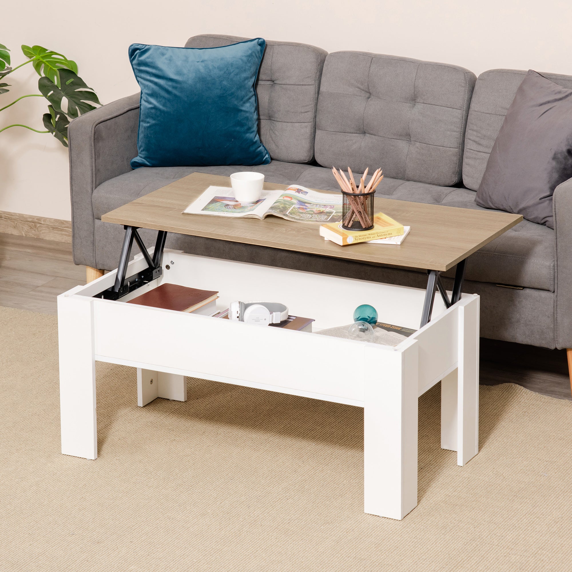 Table basse relevable, table de salon avec compartiment caché, style moderne, pour salon, bureau, 100 x 50 x 45 cm, blanc
