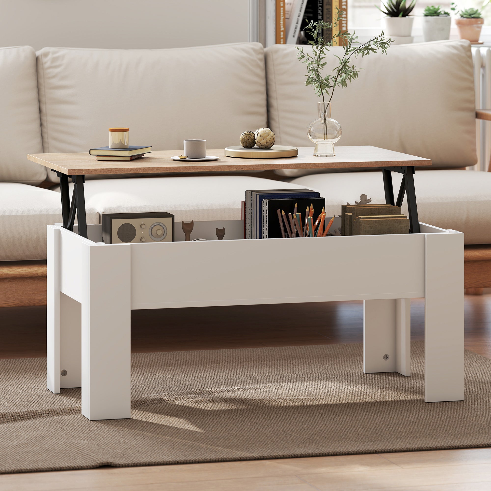 Table basse relevable, table de salon avec compartiment caché, style moderne, pour salon, bureau, 100 x 50 x 45 cm, blanc