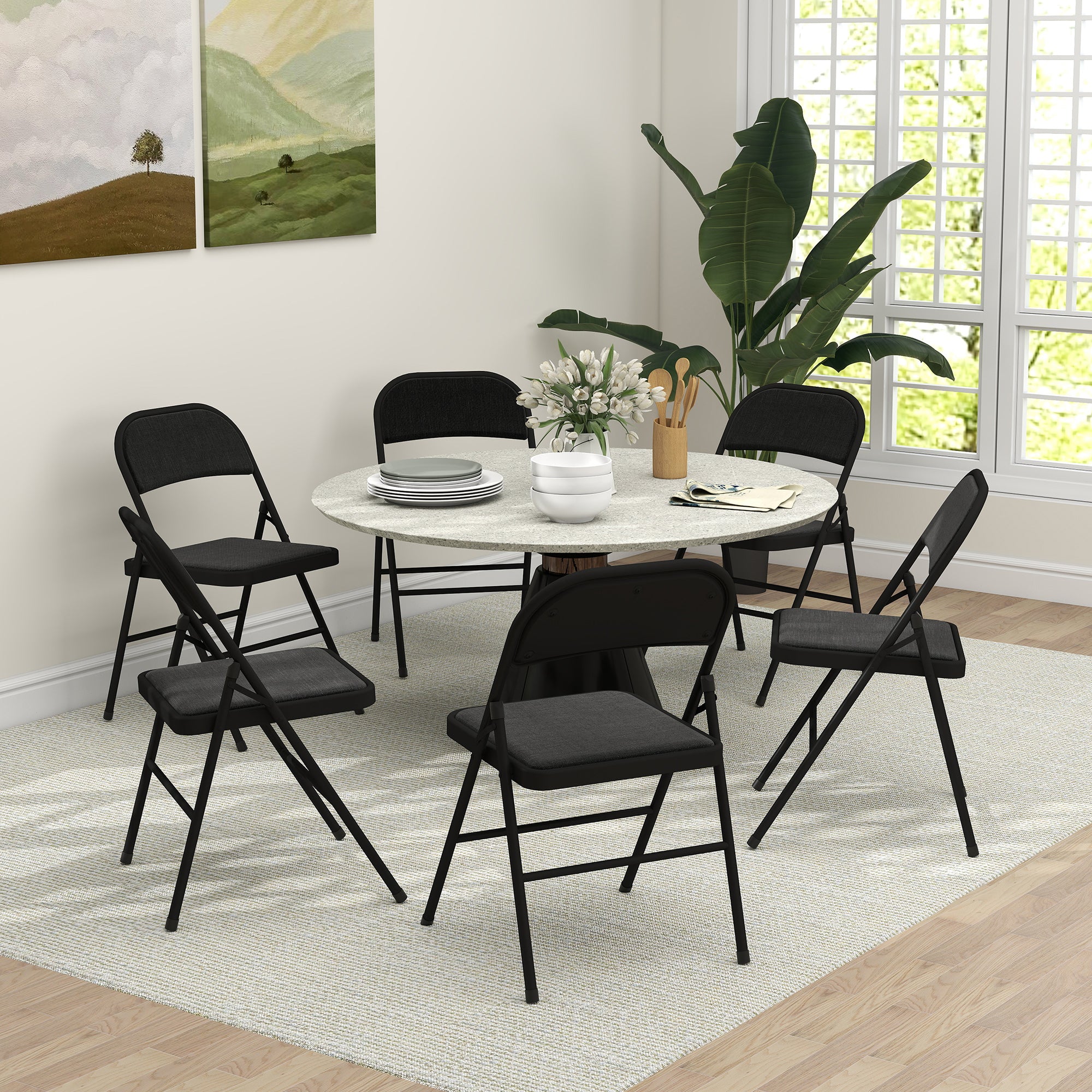 Lot de 6 chaises pliantes chaises de salle à manger portables chaise pliable d'intérieur avec coussin en lin et cadre en acier 45 x 46 x 78 cm noir