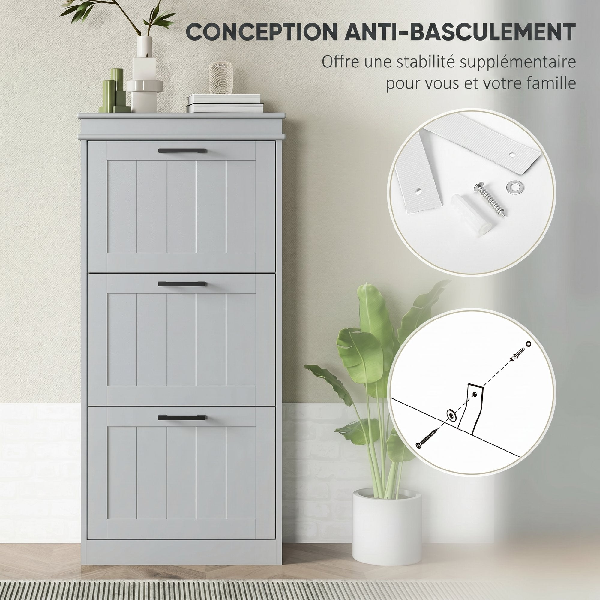 Meuble à chaussures 15 paires, armoire à chaussures étroite moderne avec 3 tiroirs rabattables et étagères réglables, pour couloir et entrée, 54 x 24 x 117,5 cm, gris