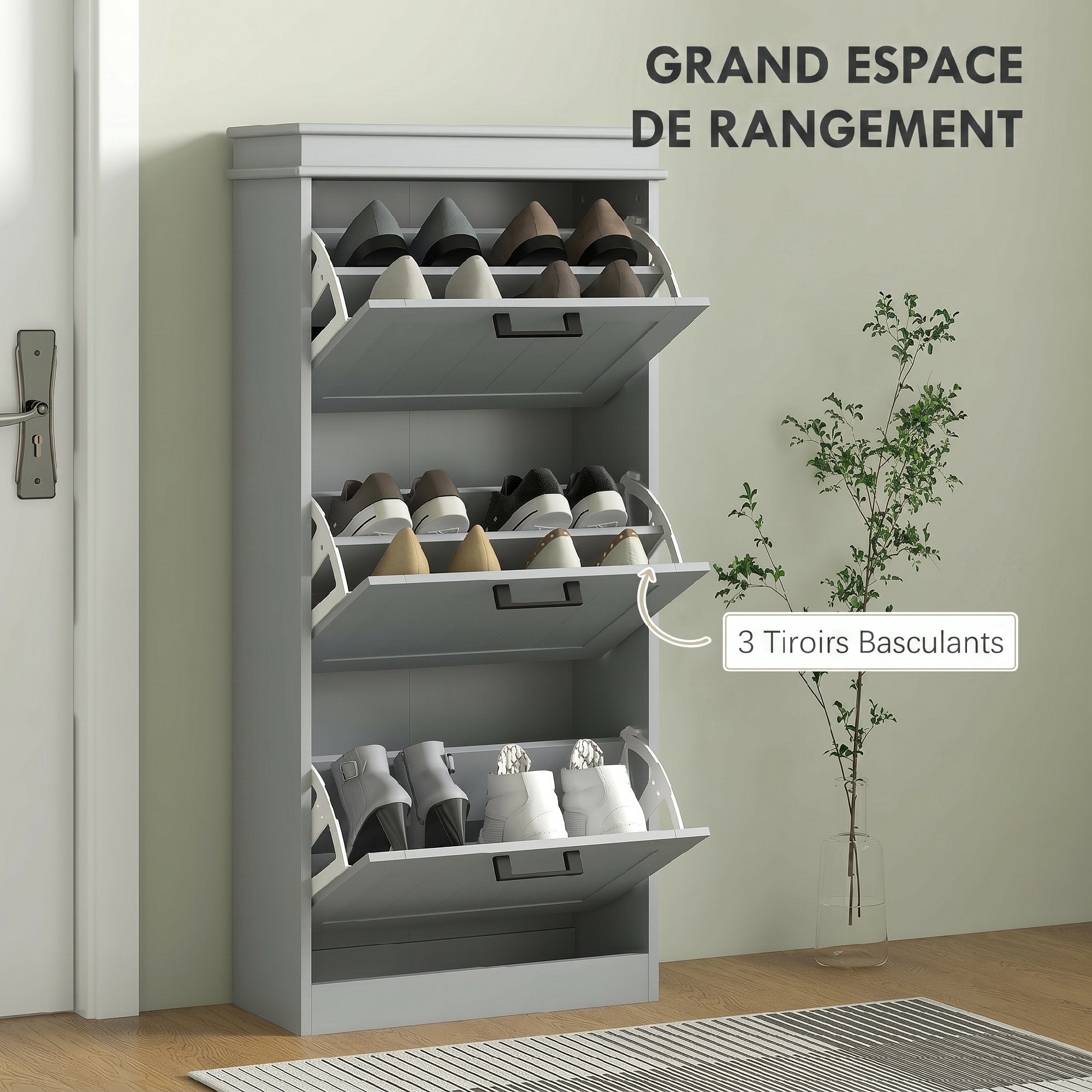 Meuble à chaussures 15 paires, armoire à chaussures étroite moderne avec 3 tiroirs rabattables et étagères réglables, pour couloir et entrée, 54 x 24 x 117,5 cm, gris