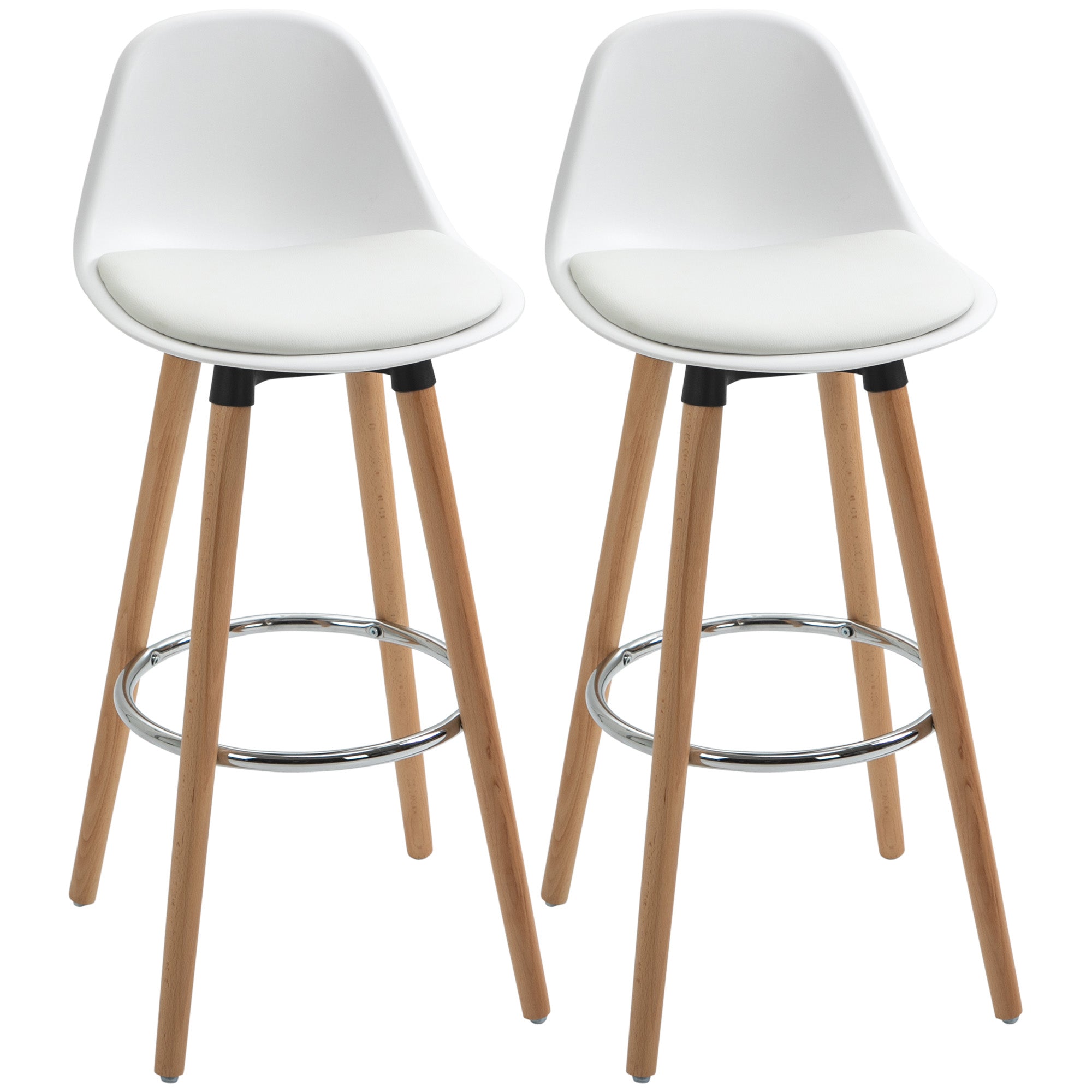 Lot de 2 tabourets de bar style scandinave hauteur 70 cm avec pieds en bois et repose-pieds en acier - blanc