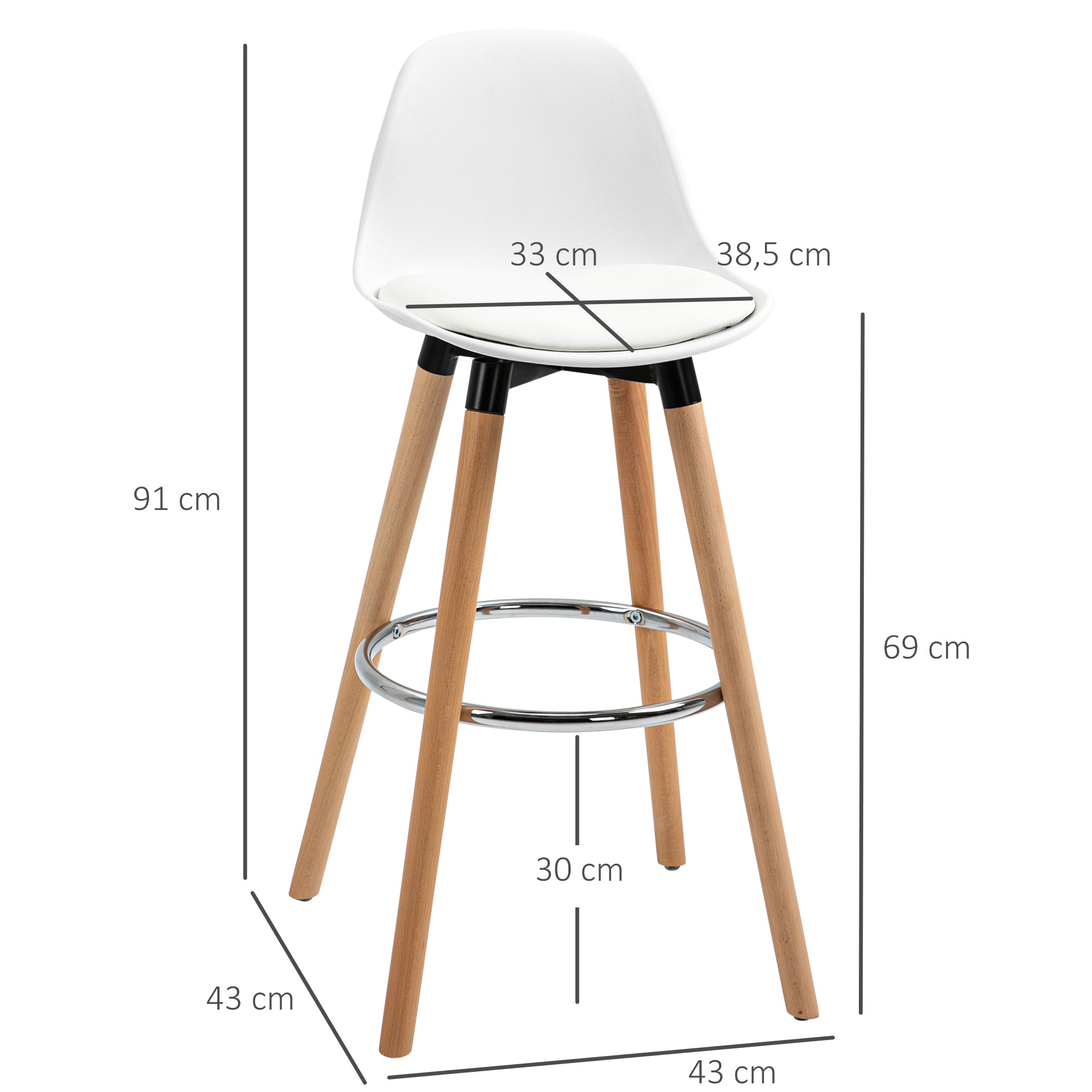 Lot de 2 tabourets de bar style scandinave hauteur 70 cm avec pieds en bois et repose-pieds en acier - blanc