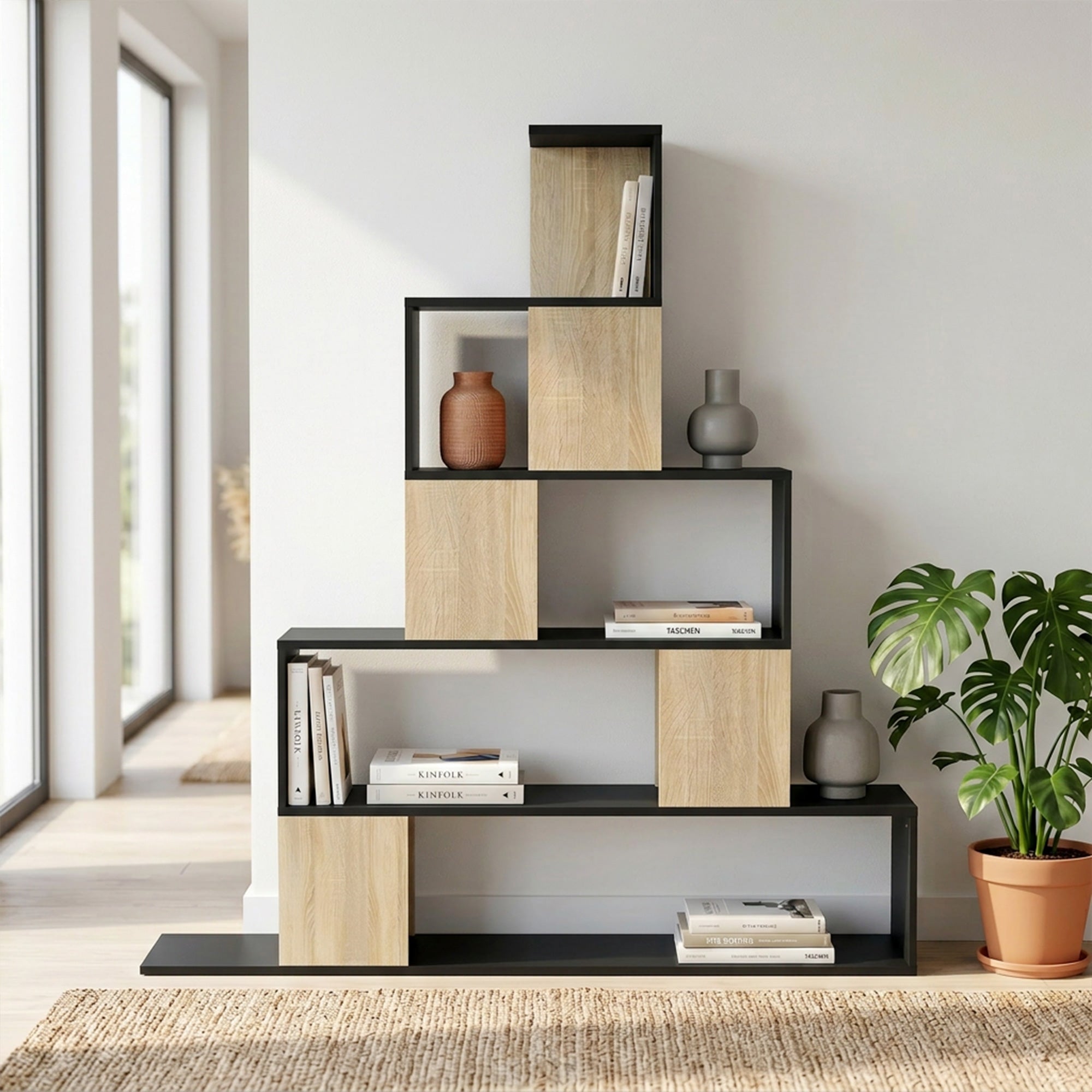 Étagère de rangement, bibliothèque géométrique à 5 niveaux, pour bureau, salon, chambre, 120 x 22 x 131,5 cm, noir et bois naturel