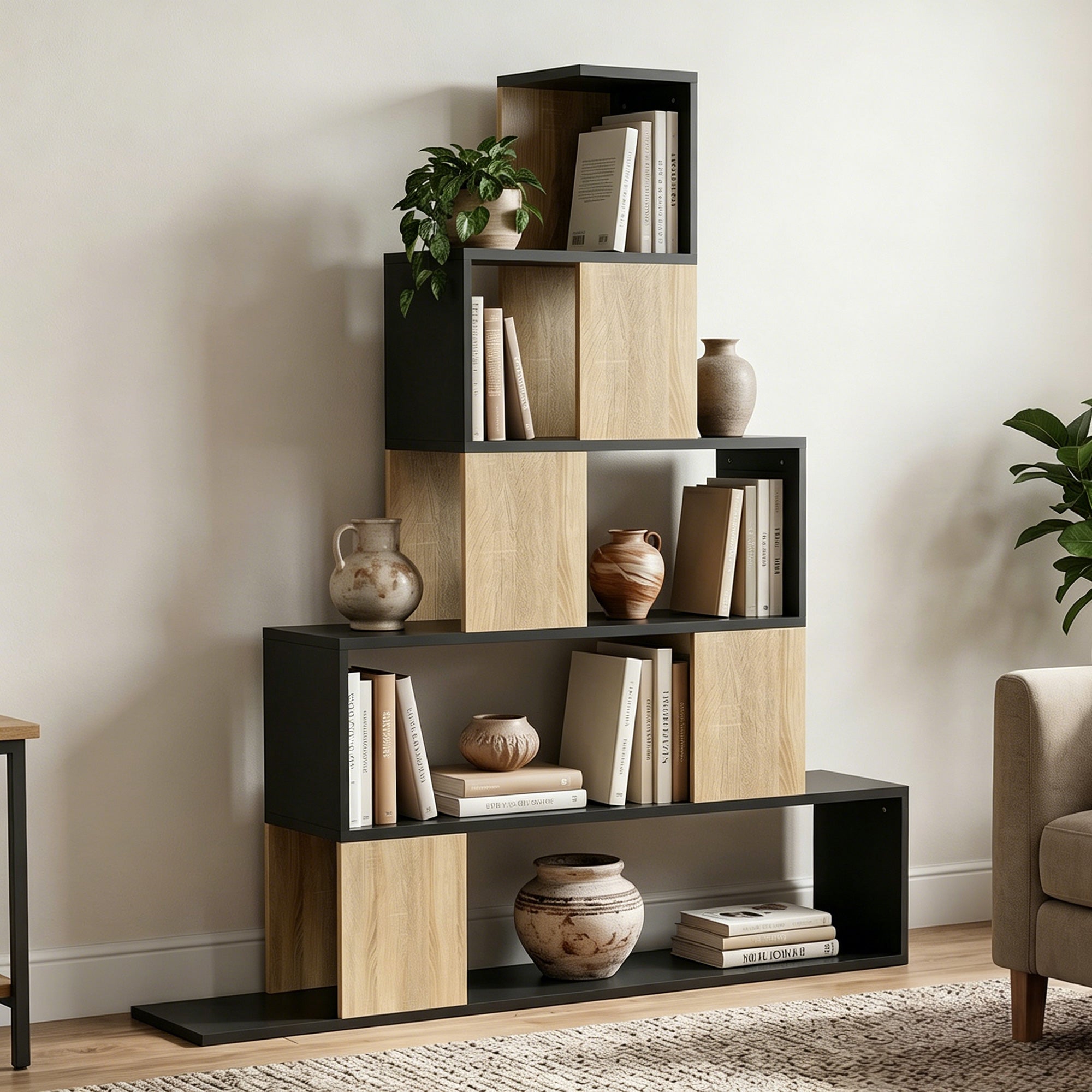 Étagère de rangement, bibliothèque géométrique à 5 niveaux, pour bureau, salon, chambre, 120 x 22 x 131,5 cm, noir et bois naturel