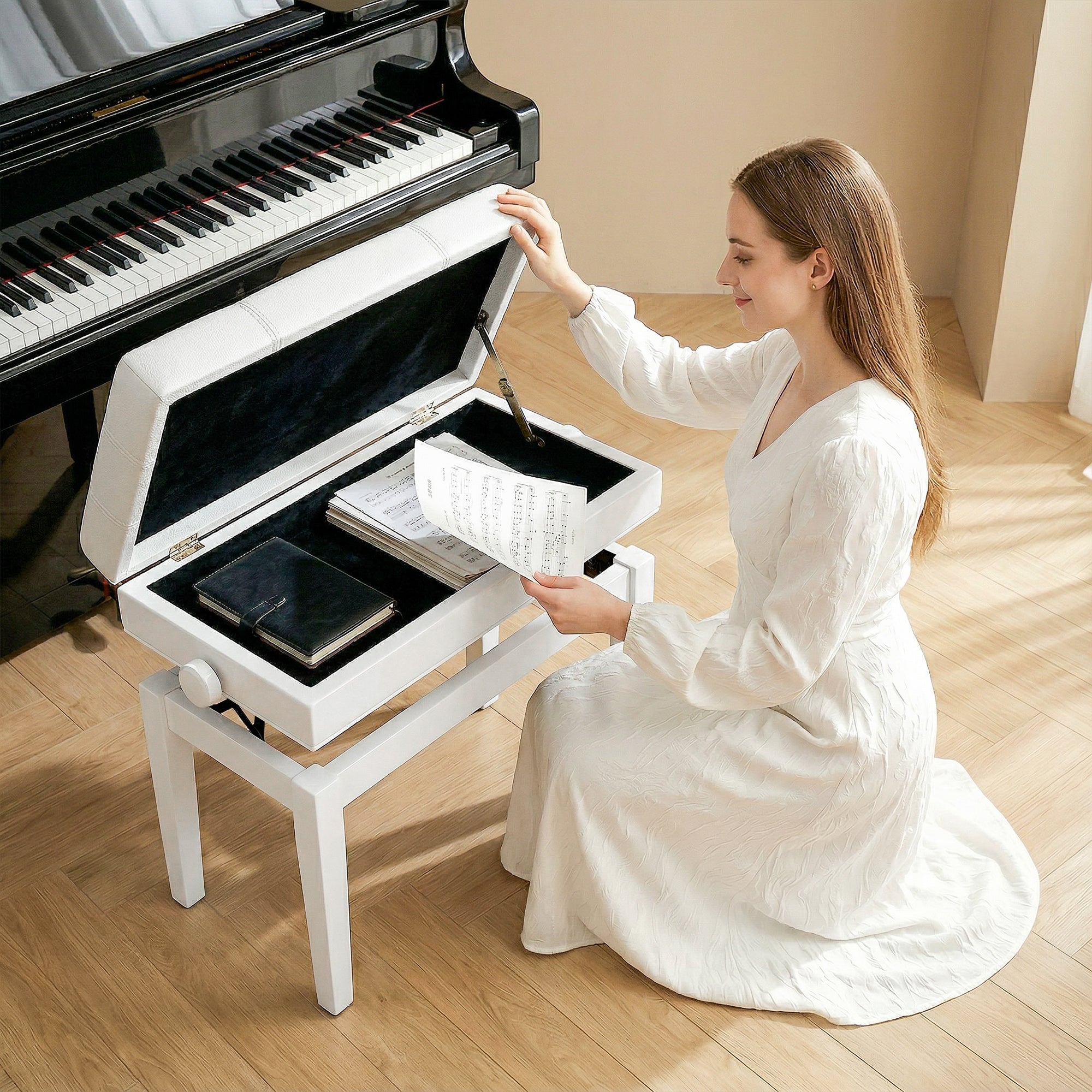 Banc de piano, banc de clavier réglable en hauteur en bois massif, tabouret piano avec compartiment caché, siège rembourré polyuréthane, stable et antidérapant, charge 150kg, blanc