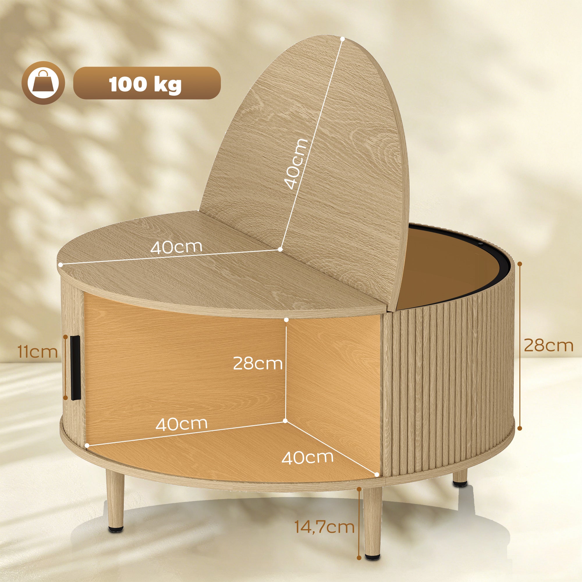 Table Basse Ronde Ø 80 cm, Table de Salon avec Plateau Relevable et Porte Coulissante à Rainures, Base en Tambour, Style Moderne, pour Chambre, Séjour e Bureau, Effet Bois Naturel