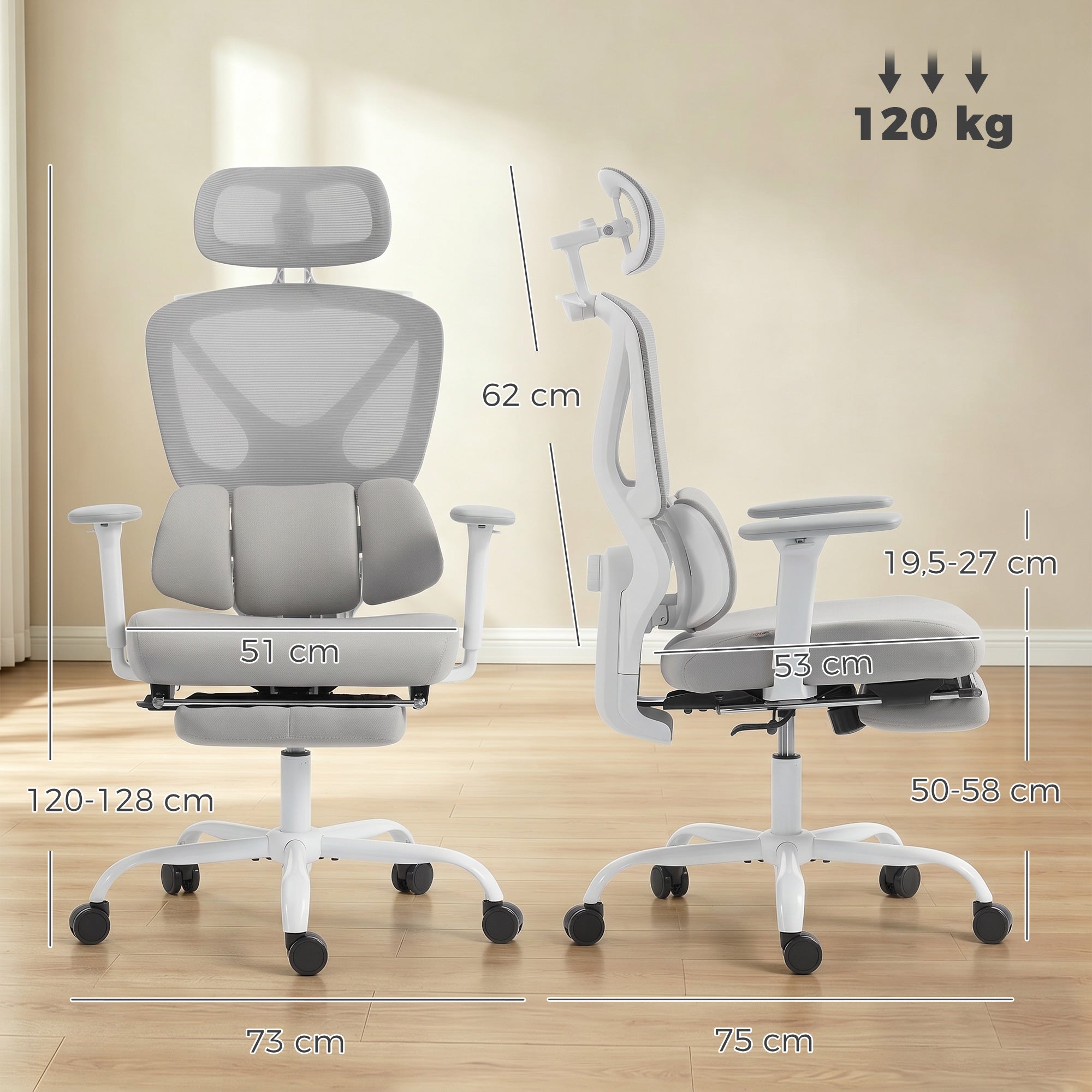 Chaise bureau ergonomique, fauteuil de bureau avec soutien lombaire dynamique adaptatif, accoudoirs 3D, dossier inclinable, hauteur et appui-tête réglables, repose-pieds, pivotant à 360°, gris