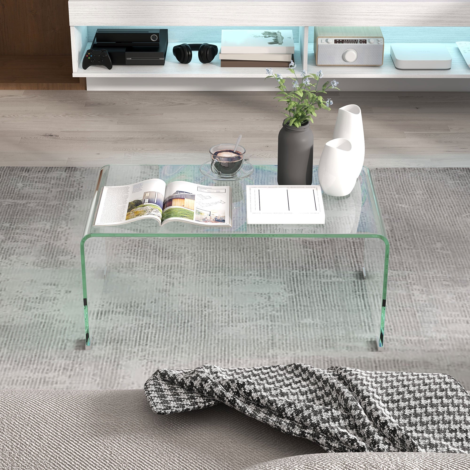 Table basse en verre table de salon rectangulaire design moderne en verre trempé avec bords arrondis sûrs 80 x 45 x 35 cm transparent