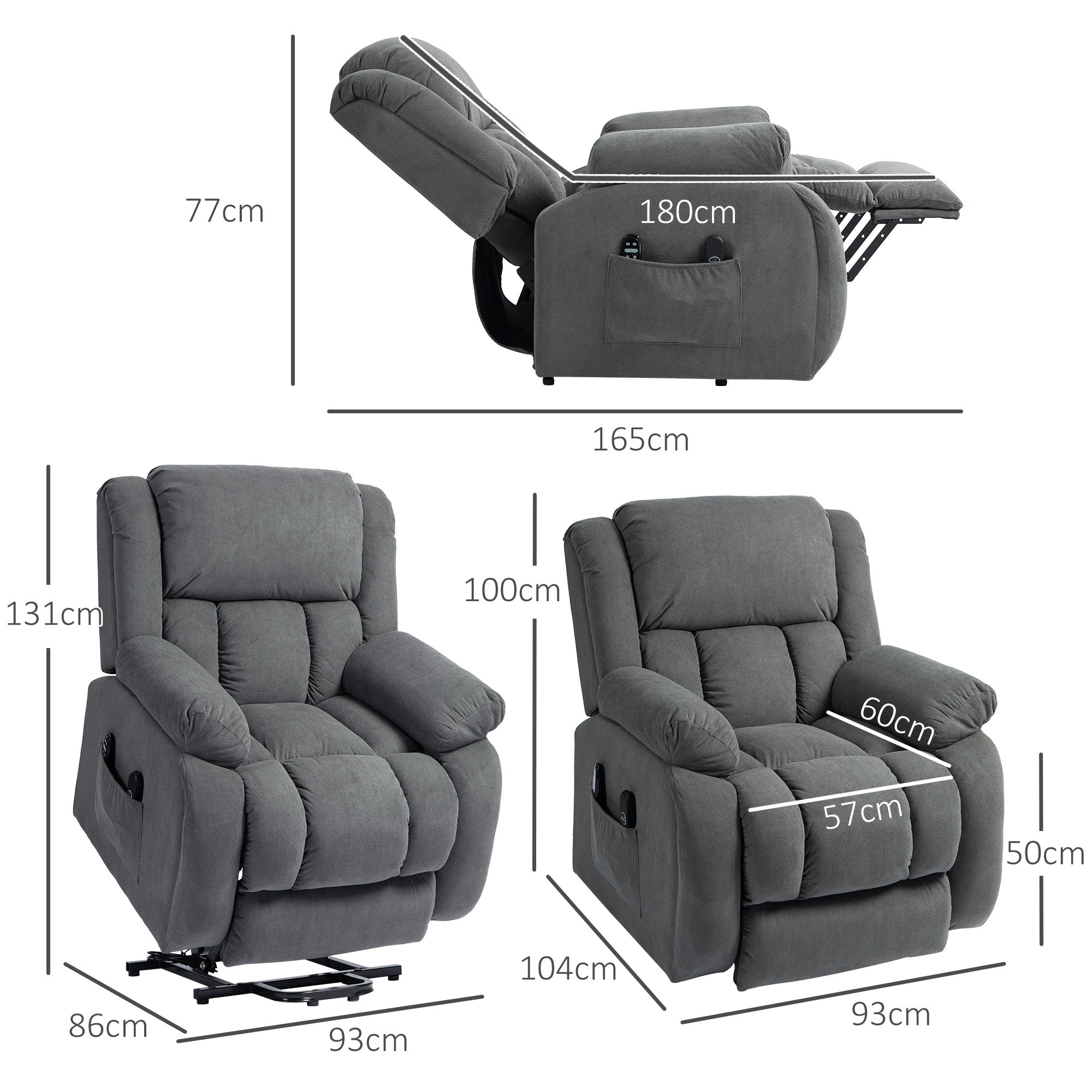 Fauteuil releveur électrique avec fonction massage et chauffage, fauteuil relax électrique avec dossier inclinable, ports USB, télécommande, repose-pied et poche latérale, gris