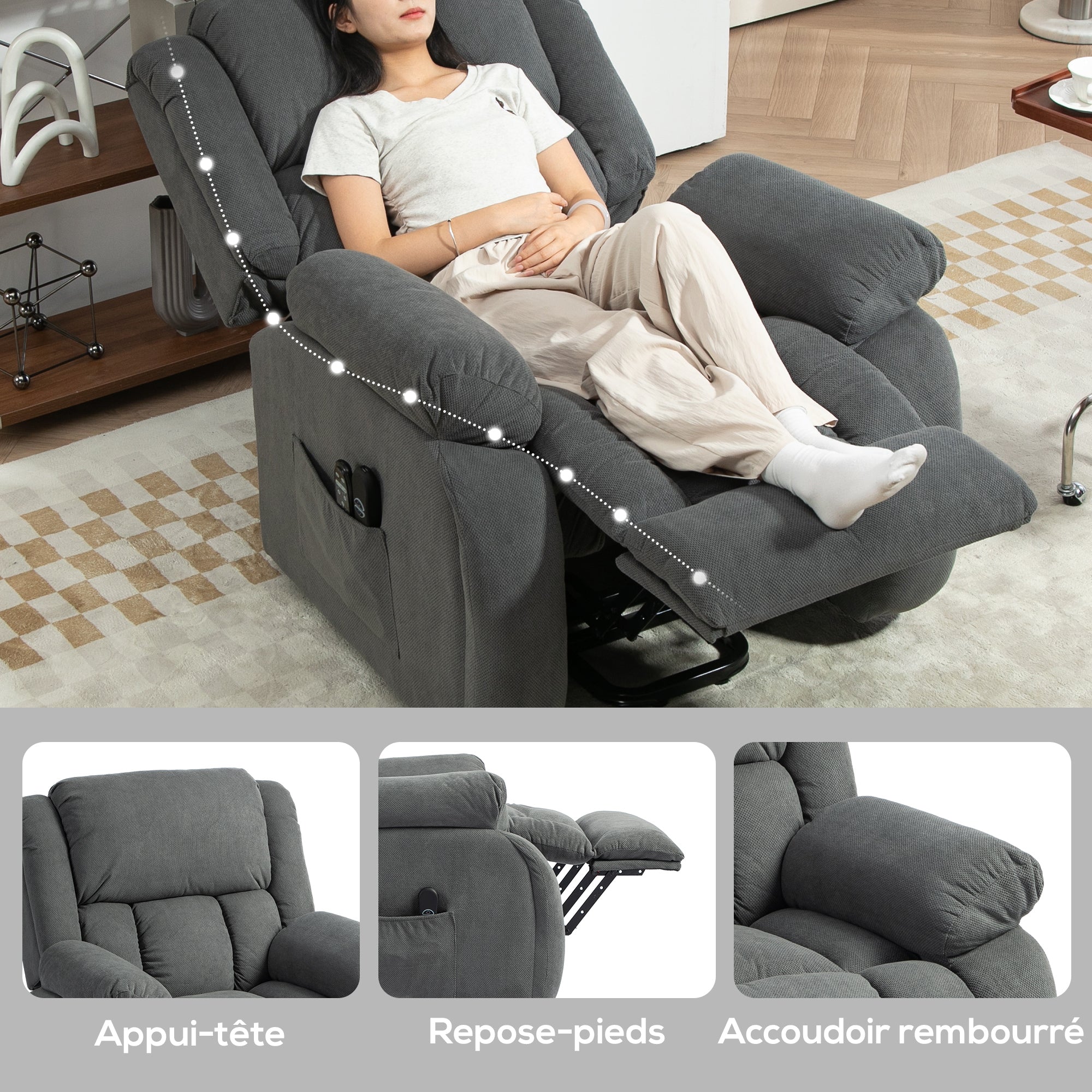 Fauteuil releveur électrique avec fonction massage et chauffage, fauteuil relax électrique avec dossier inclinable, ports USB, télécommande, repose-pied et poche latérale, gris