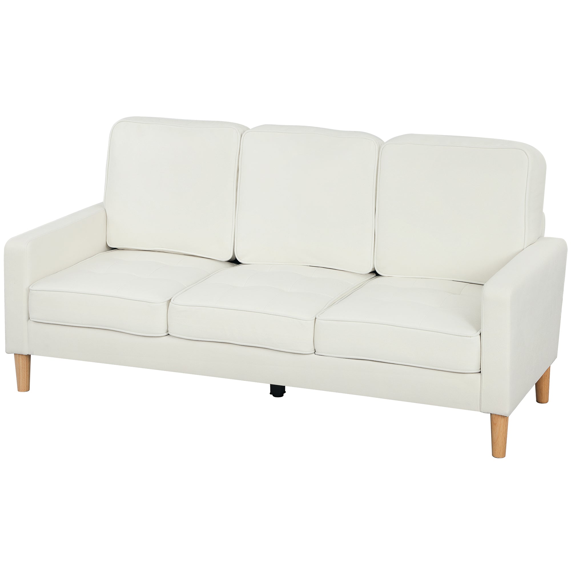 Canapé 3 places en velours, 185 cm, design moderne, canapé avec coussins épais, pieds en bois d'hévéa et assise capitonné, pour salon, chambre, bureau, crème