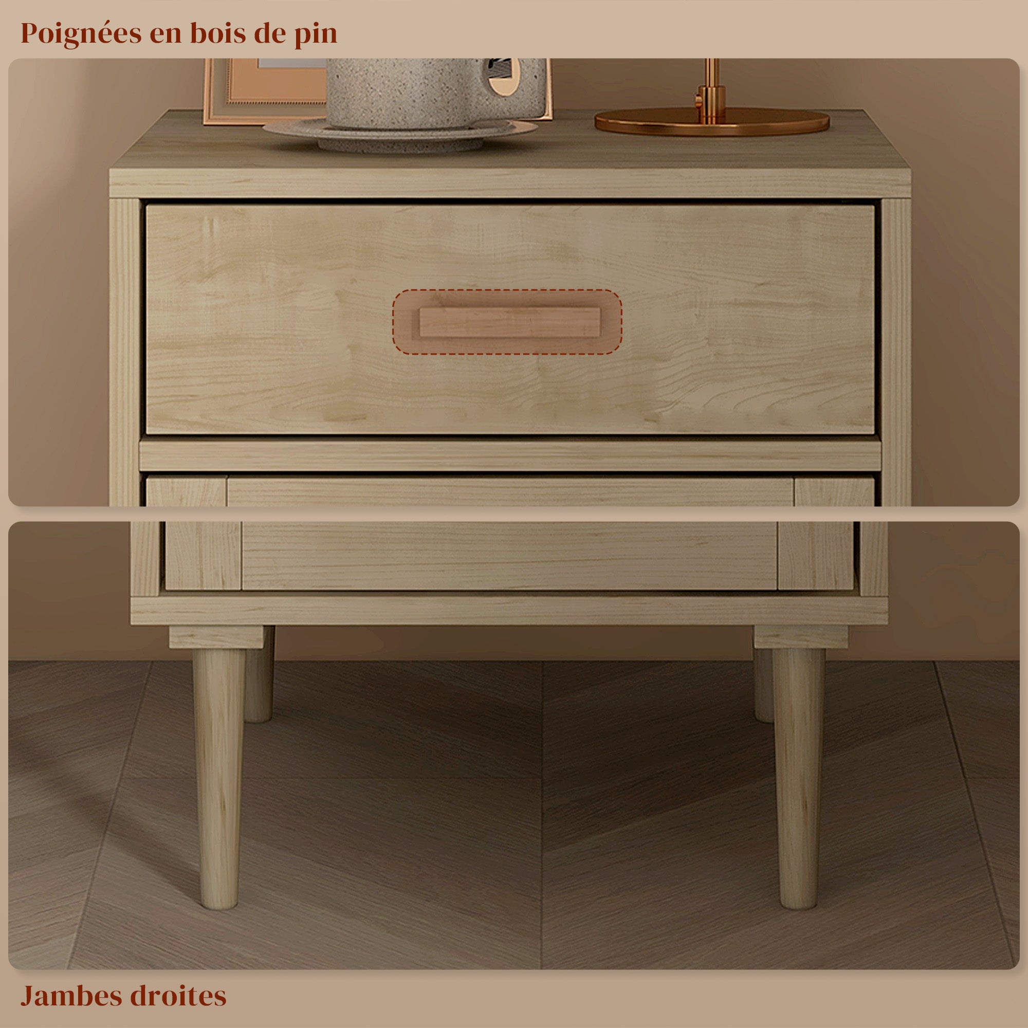 Table de chevet table d'appoint avec placard et étagère porte rotin tissé + 1 tiroir design bohème - 40 x 40 x 68,5 cm naturel