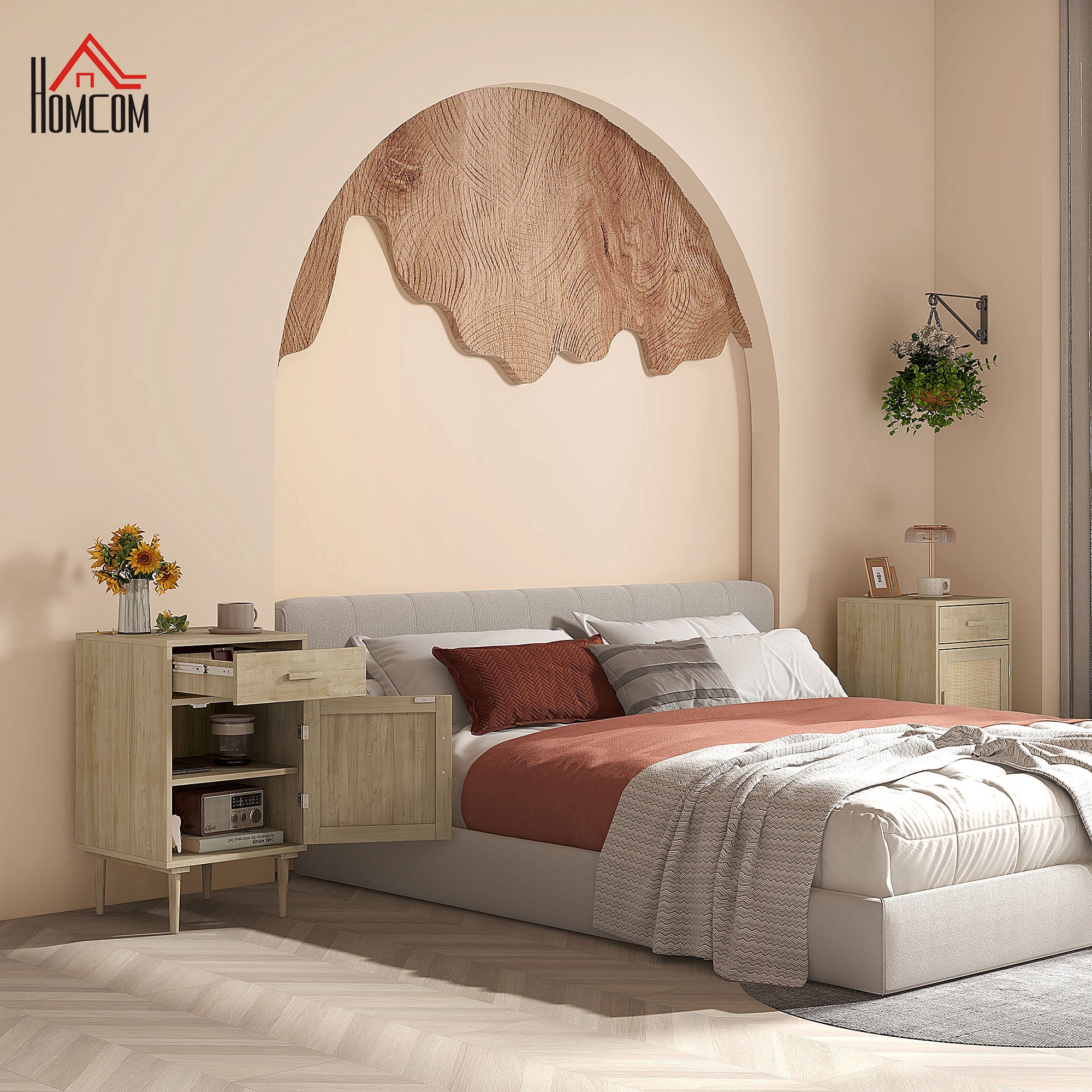 Table de chevet table d'appoint avec placard et étagère porte rotin tissé + 1 tiroir design bohème - 40 x 40 x 68,5 cm naturel