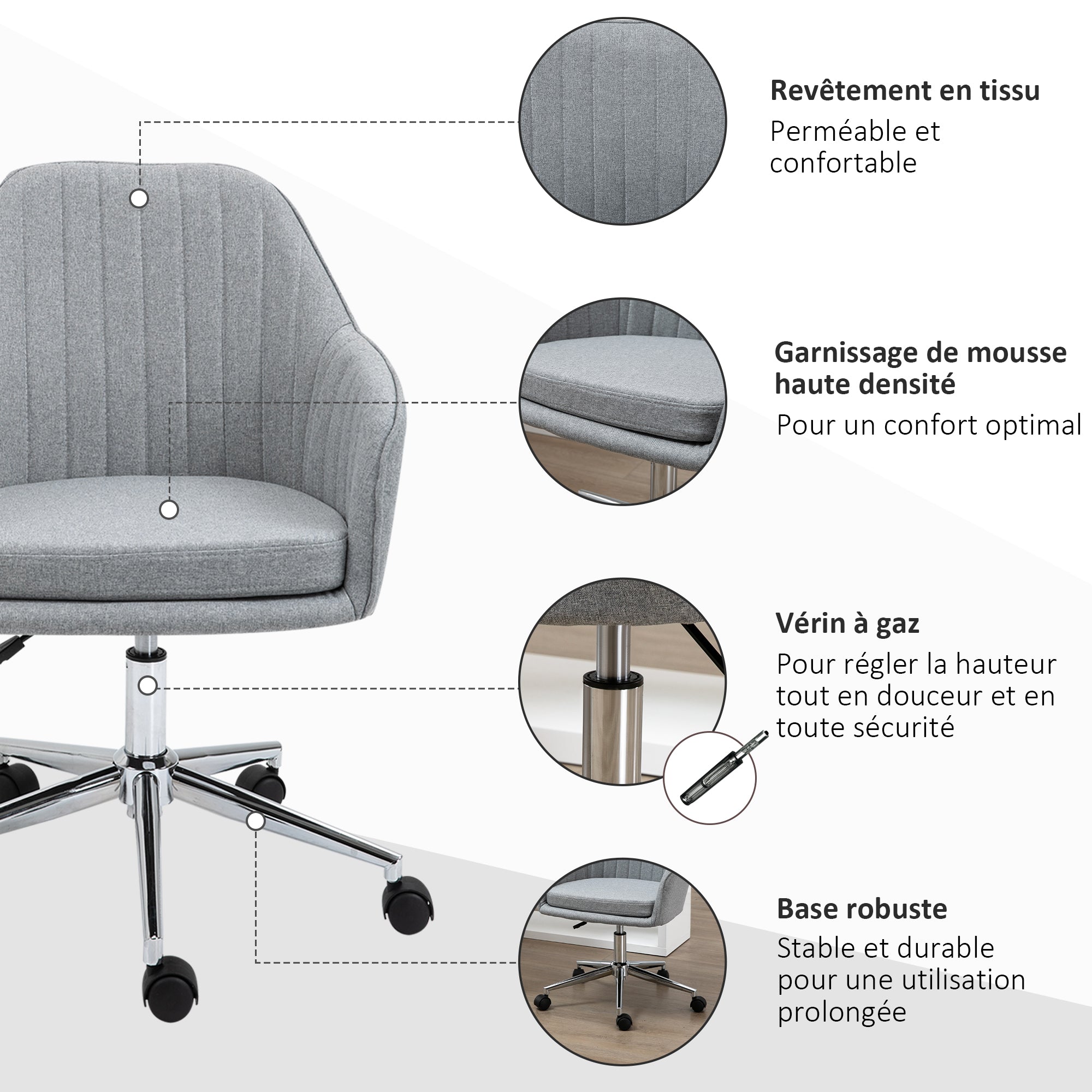 Chaise de bureau design contemporain dossier accoudoirs striés hauteur réglable pivotant 360° piètement chromé lin gris clair