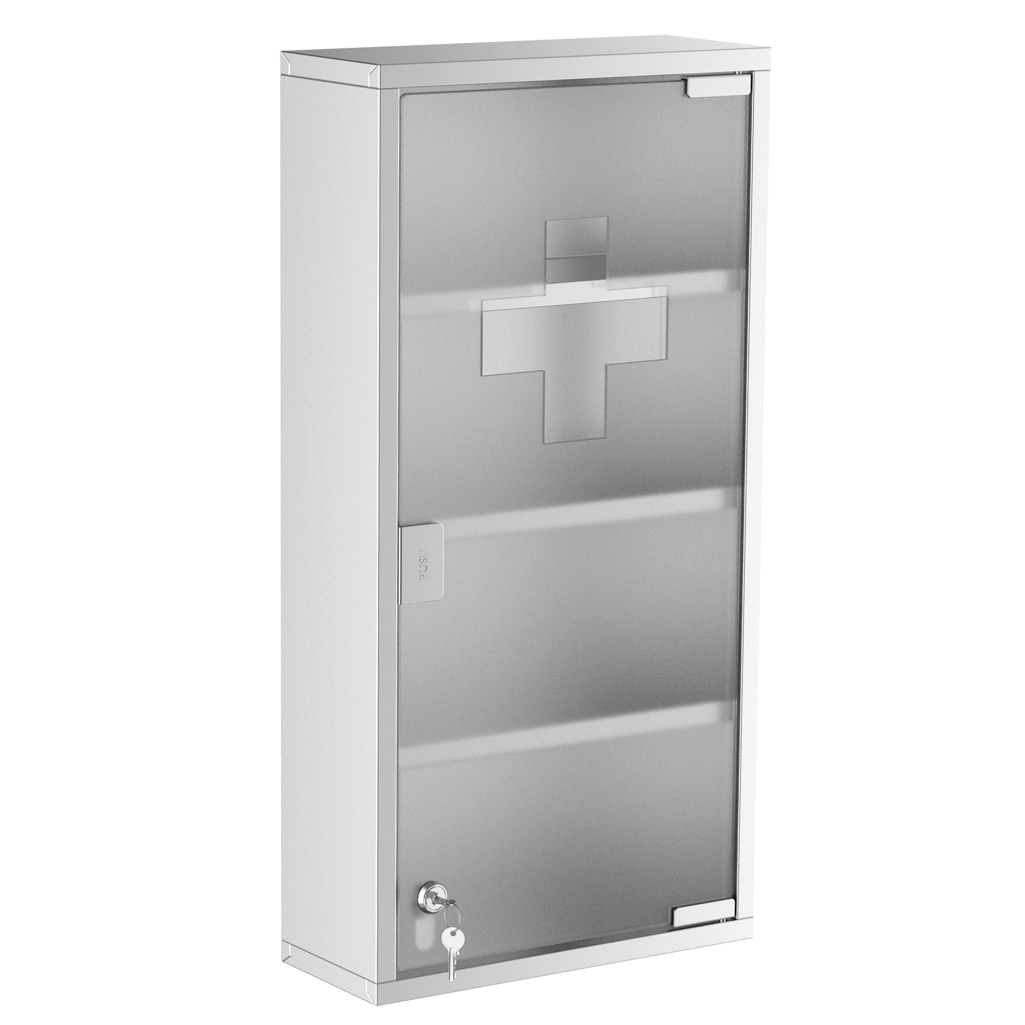 Armoire à Pharmacie 3 étagères 4 Niveaux 30L x 12l x 60H cm Porte Verre trempé Symbole Croix Acier Inoxydable brossé