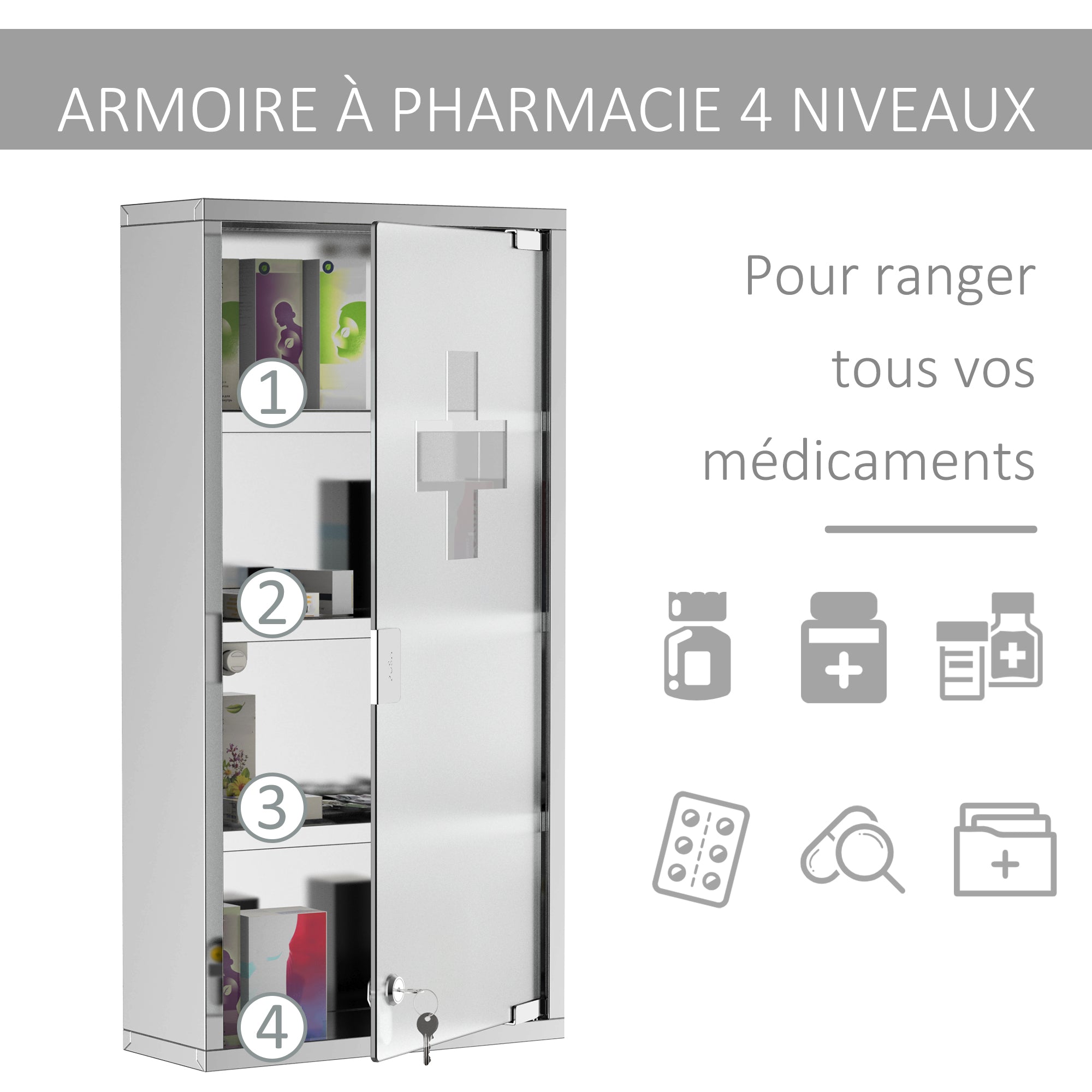 Armoire à Pharmacie 3 étagères 4 Niveaux 30L x 12l x 60H cm Porte Verre trempé Symbole Croix Acier Inoxydable brossé