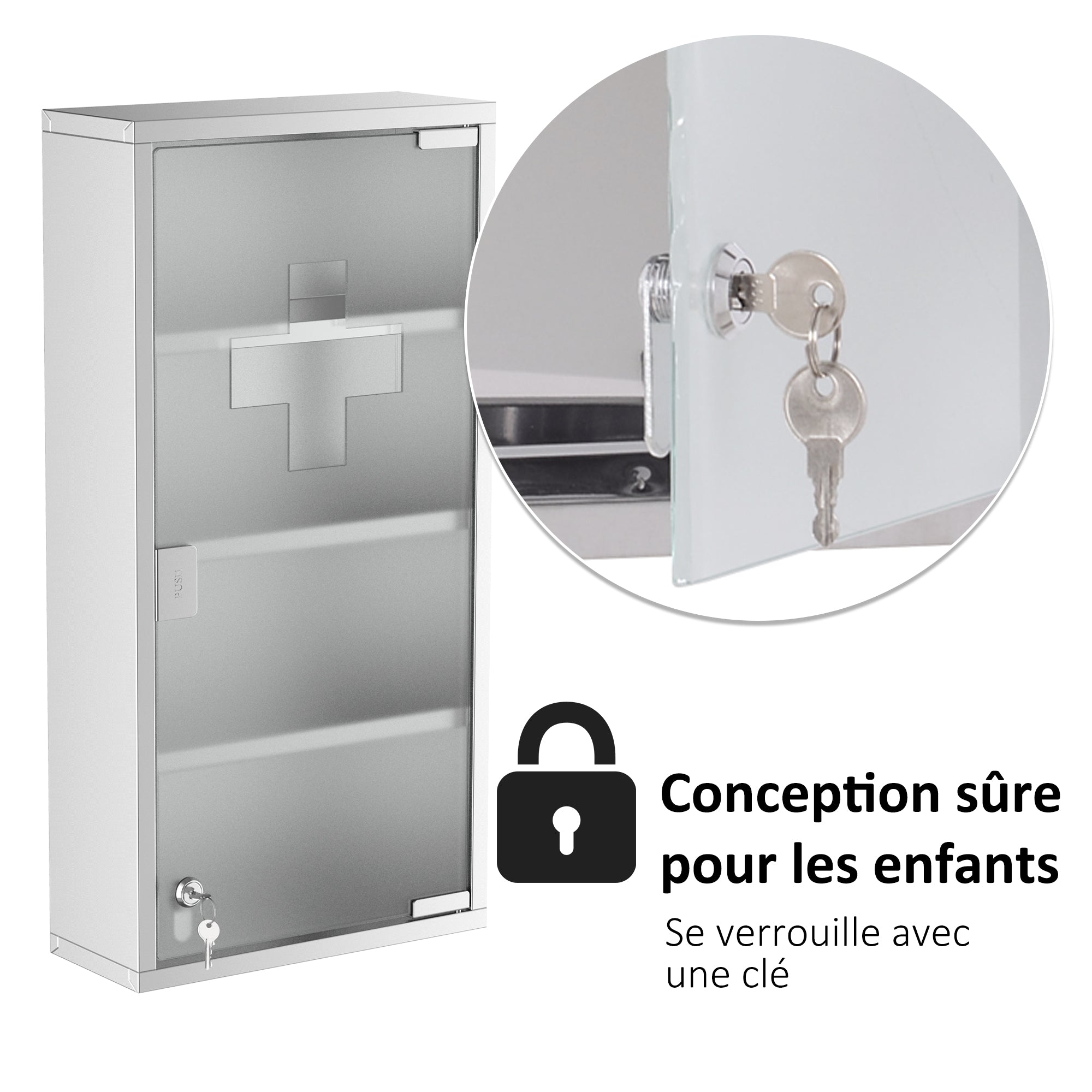Armoire à Pharmacie 3 étagères 4 Niveaux 30L x 12l x 60H cm Porte Verre trempé Symbole Croix Acier Inoxydable brossé