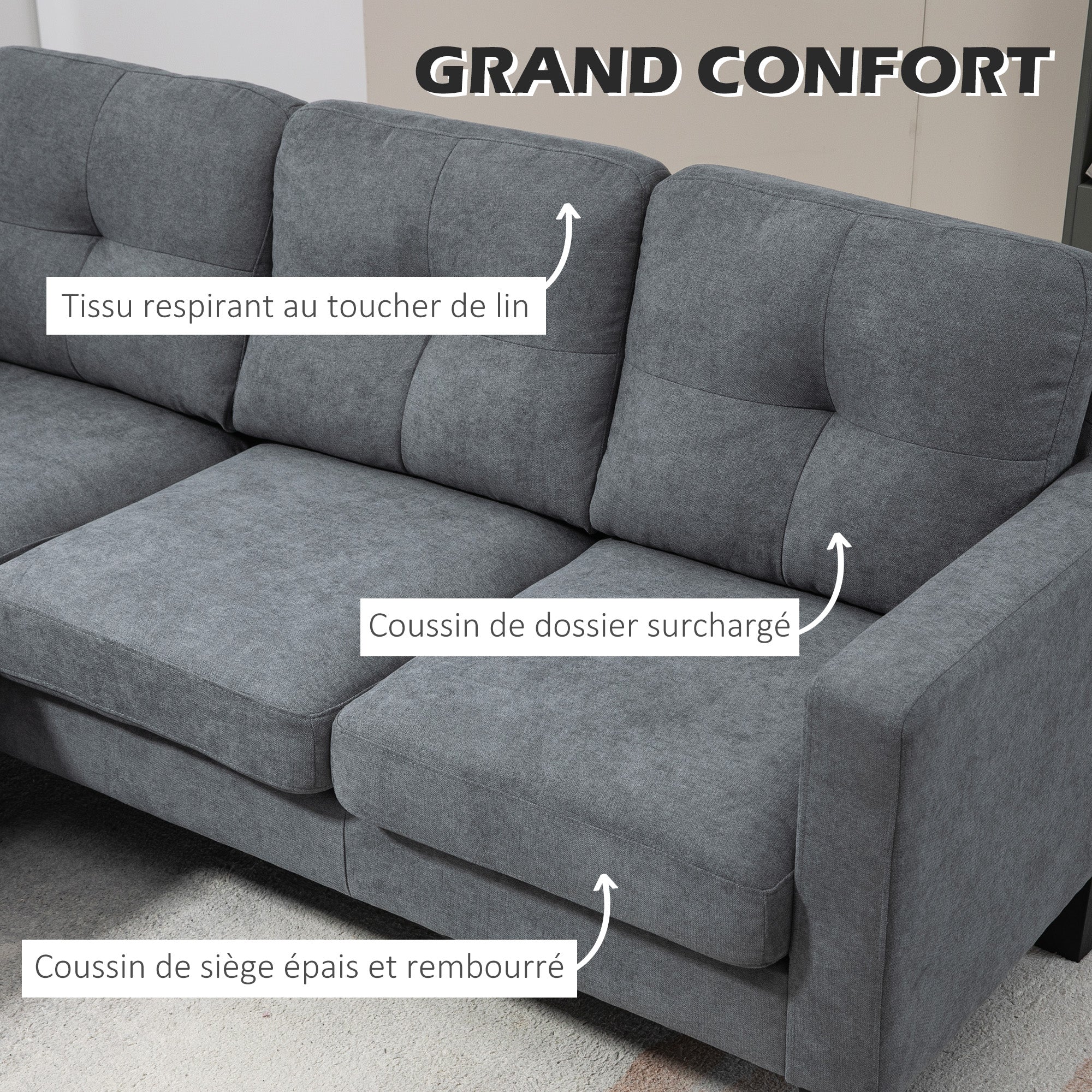 Canapé d'angle 3 Places méridienne réversible droite ou gauche, salon, grand confort, dossier capitonné, gris
