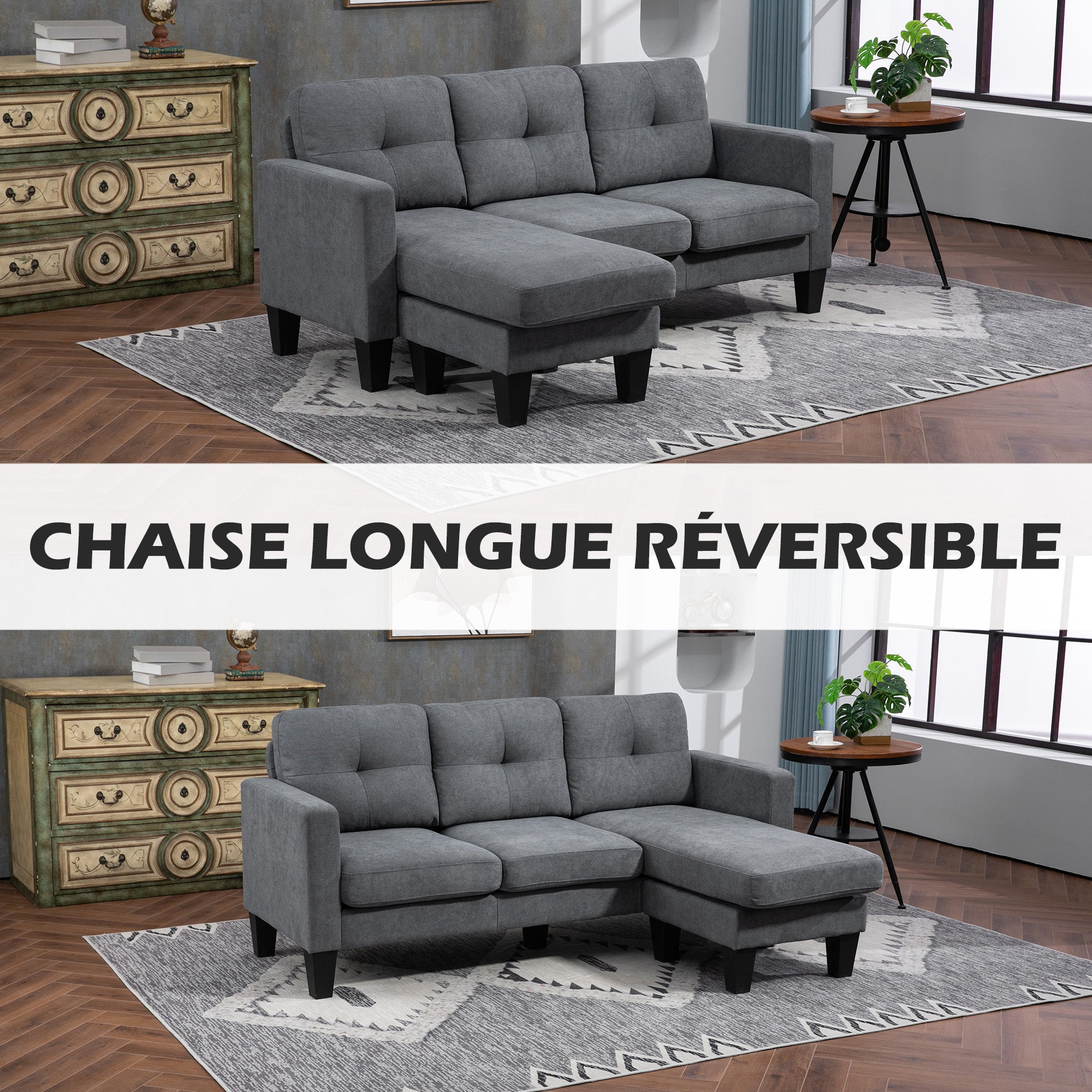 Canapé d'angle 3 Places méridienne réversible droite ou gauche, salon, grand confort, dossier capitonné, gris