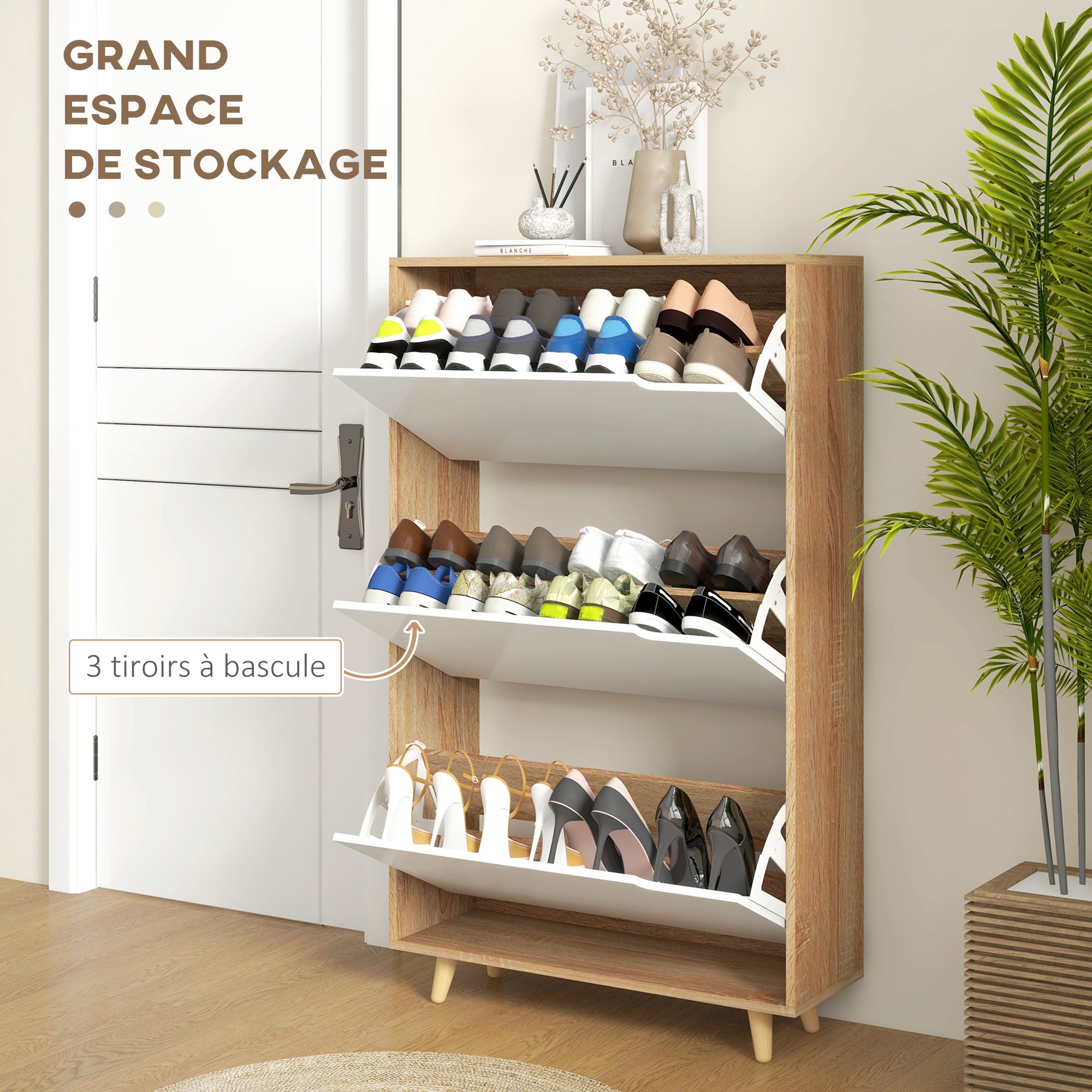 Meuble à chaussures 3 abattants, armoire à chaussures, avec étagère réglable, 72L x 24l x 119H cm, naturel et blanc