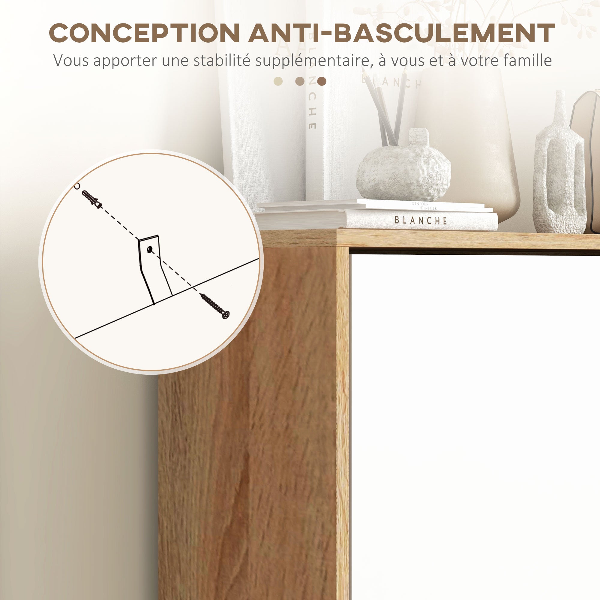 Meuble à chaussures 3 abattants, armoire à chaussures, avec étagère réglable, 72L x 24l x 119H cm, naturel et blanc