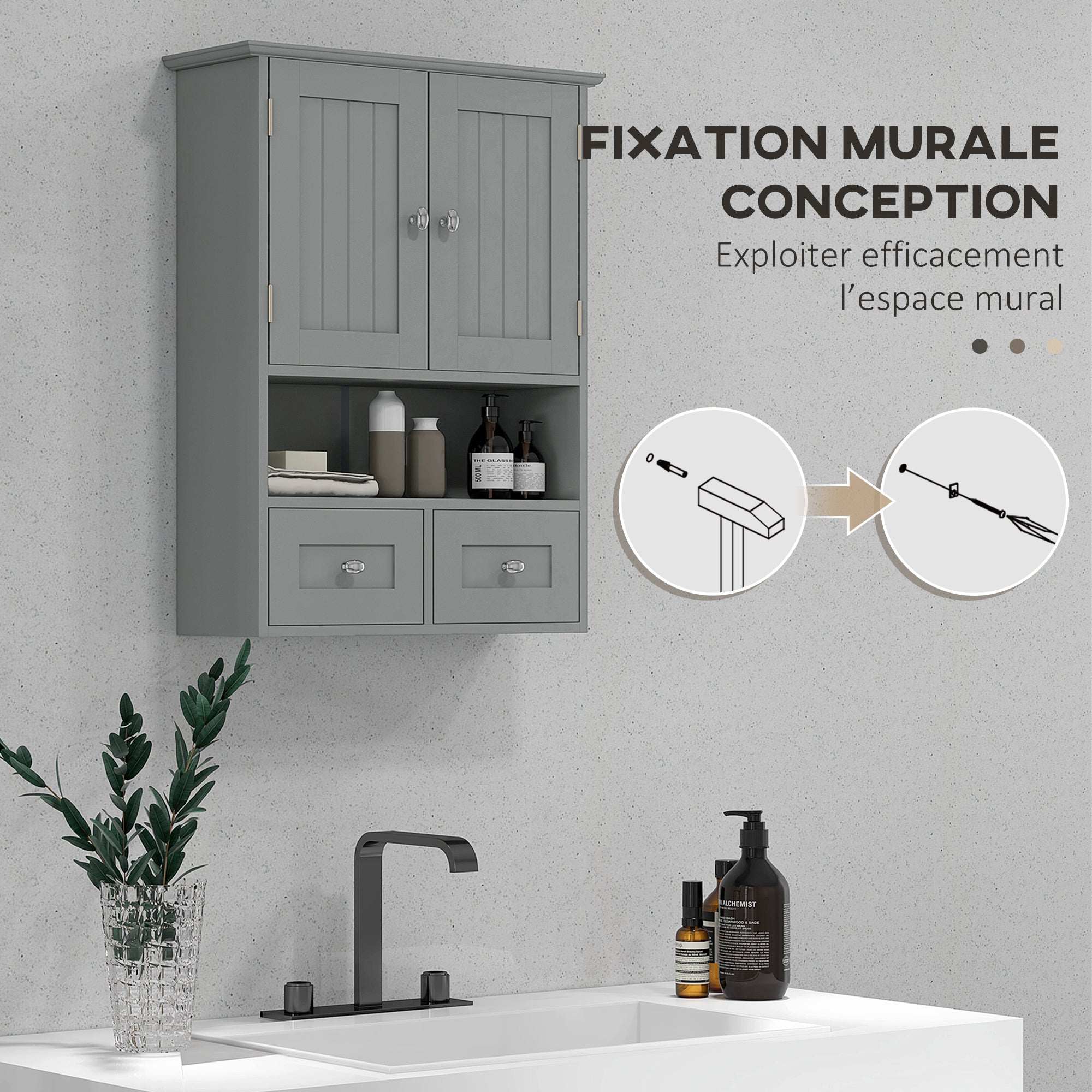Armoire murale de salle de bain, armoire de toilette, avec portes doubles, étagère ouverte, 2 tiroirs pour ranger, 50,8l x 17,8P x 66H cm, gris
