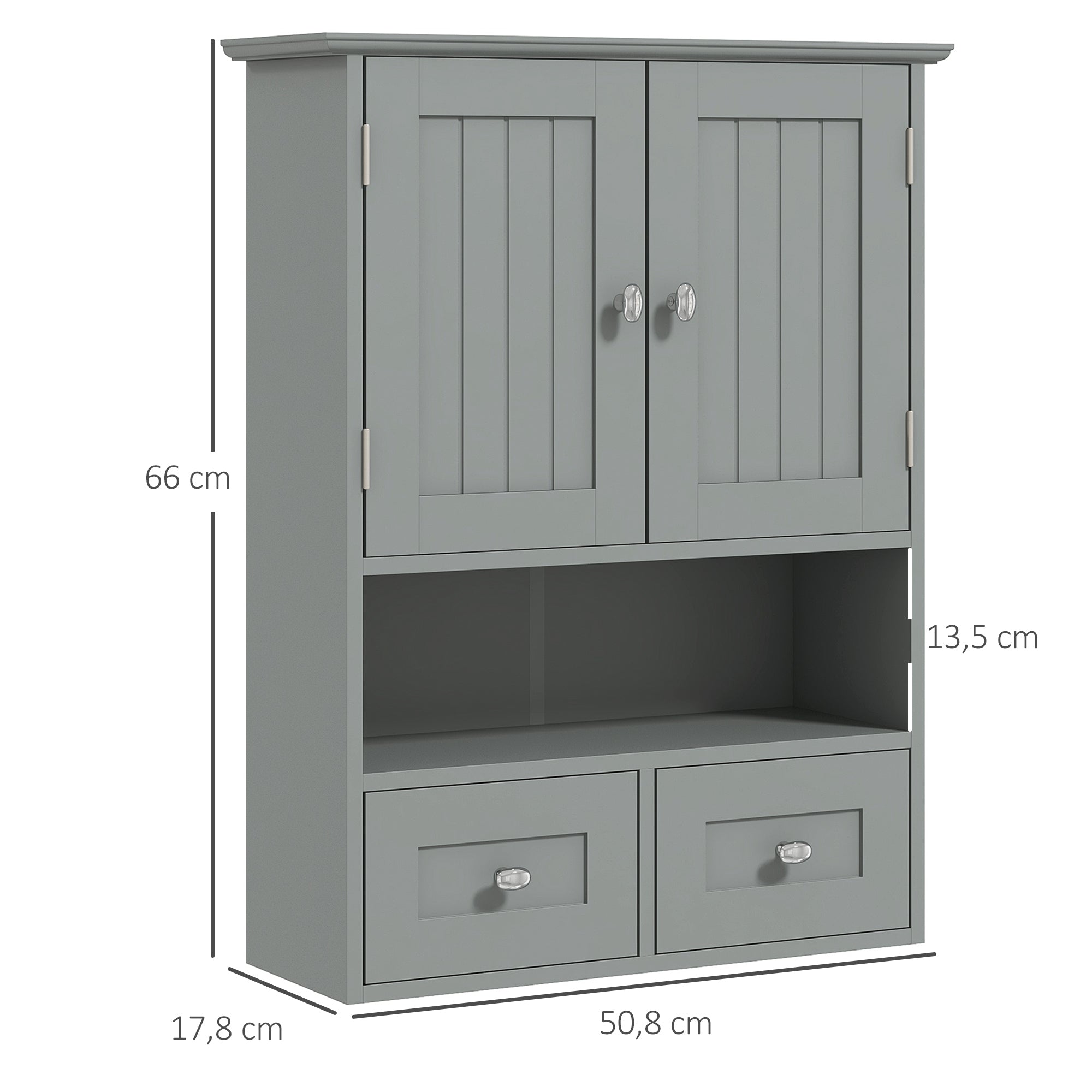 Armoire murale de salle de bain, armoire de toilette, avec portes doubles, étagère ouverte, 2 tiroirs pour ranger, 50,8l x 17,8P x 66H cm, gris