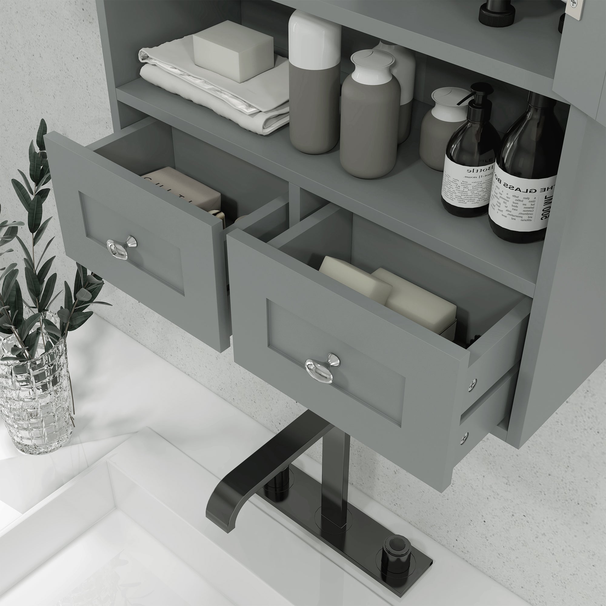 Armoire murale de salle de bain, armoire de toilette, avec portes doubles, étagère ouverte, 2 tiroirs pour ranger, 50,8l x 17,8P x 66H cm, gris