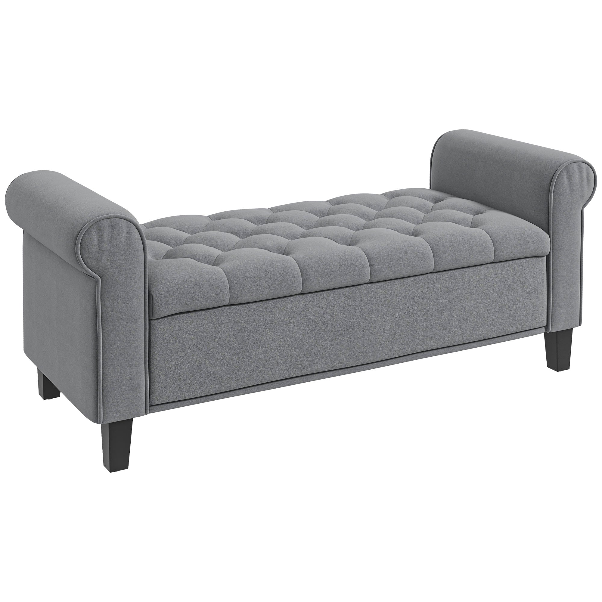 Banc de rangement bout de lit avec accoudoirs, coffre de rangement en tissu velours rembourré et capitonné, charge jusqu'à 220 kg, pour salon, chambre, entrée, 126 x 48,5 x 57 cm, gris