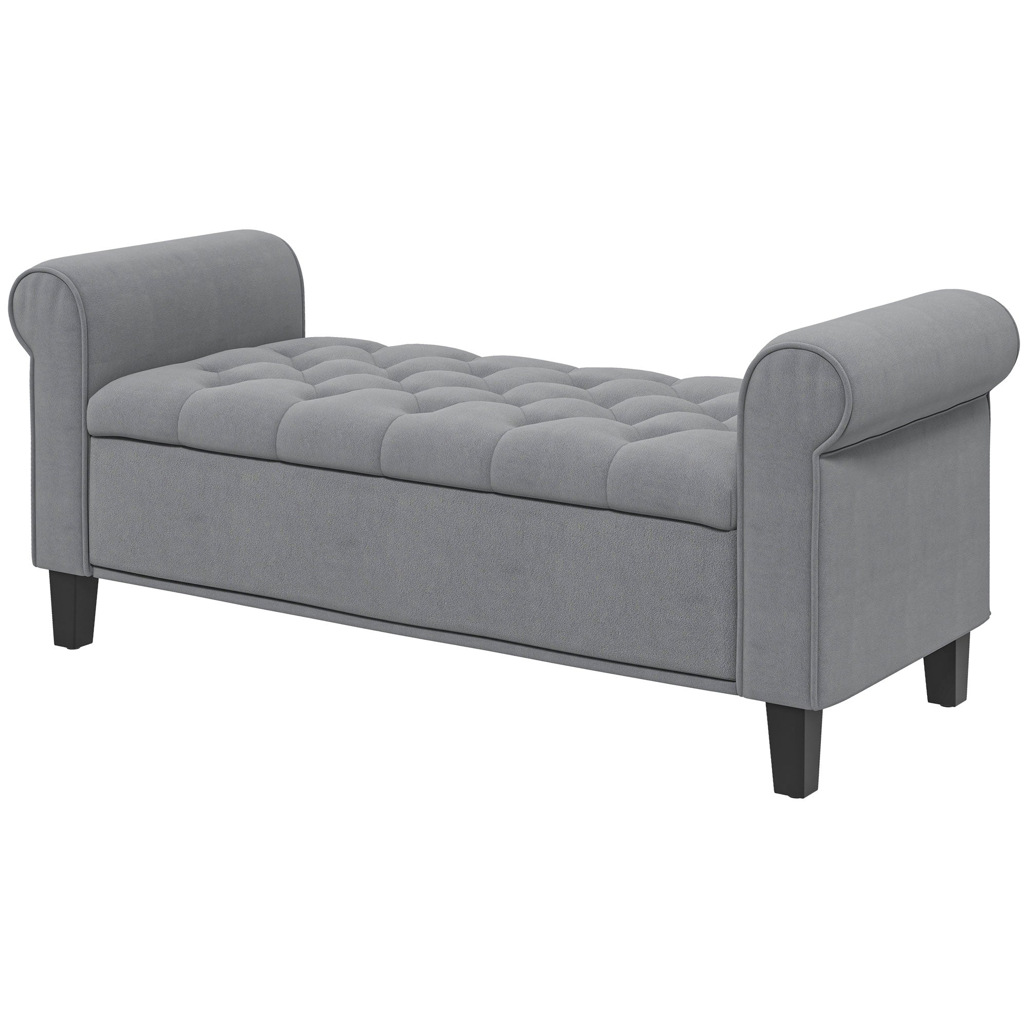 Banc de rangement bout de lit avec accoudoirs, coffre de rangement en tissu velours rembourré et capitonné, charge jusqu'à 220 kg, pour salon, chambre, entrée, 126 x 48,5 x 57 cm, gris
