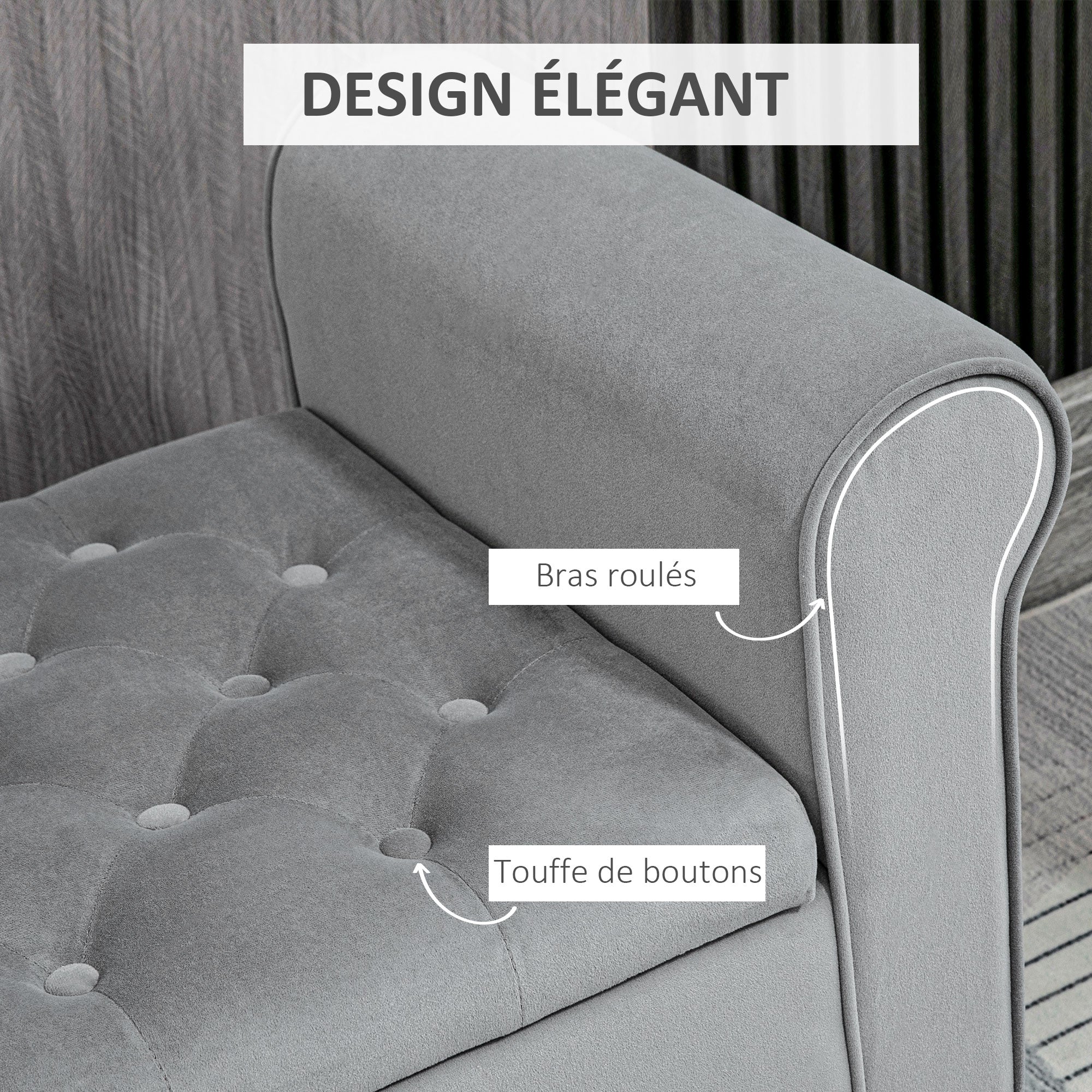 Banc de rangement bout de lit avec accoudoirs, coffre de rangement en tissu velours rembourré et capitonné, charge jusqu'à 220 kg, pour salon, chambre, entrée, 126 x 48,5 x 57 cm, gris
