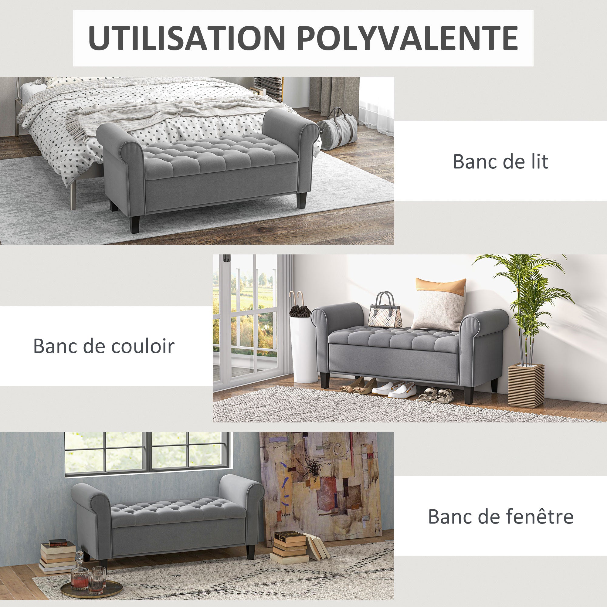 Banc de rangement bout de lit avec accoudoirs, coffre de rangement en tissu velours rembourré et capitonné, charge jusqu'à 220 kg, pour salon, chambre, entrée, 126 x 48,5 x 57 cm, gris