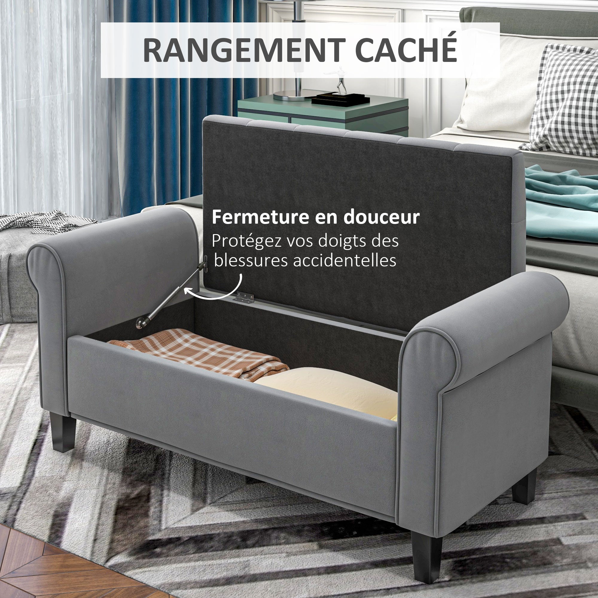 Banc de rangement bout de lit avec accoudoirs, coffre de rangement en tissu velours rembourré et capitonné, charge jusqu'à 220 kg, pour salon, chambre, entrée, 126 x 48,5 x 57 cm, gris